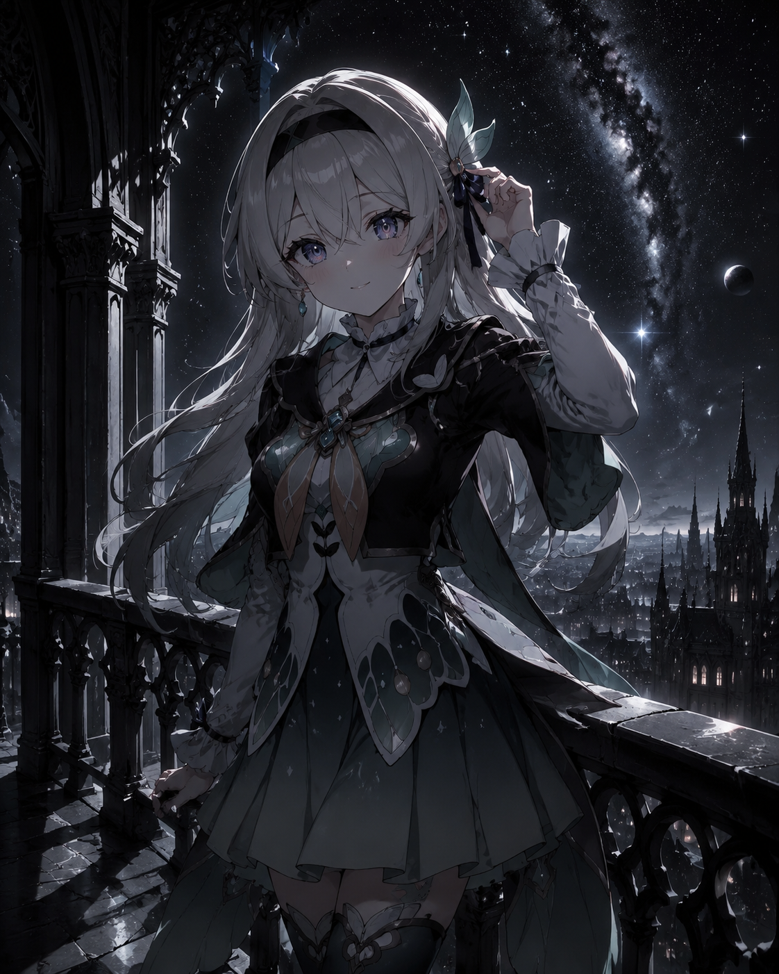 Adjusting her hair clip while smiling On a quiet balcony overlooking the cosmos (gothic noir, heavy shadows and silver light)