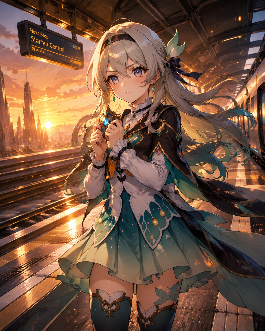 Clutching her transformation device with resolve at a futuristic train station at sunset (cinematic digital painting)
