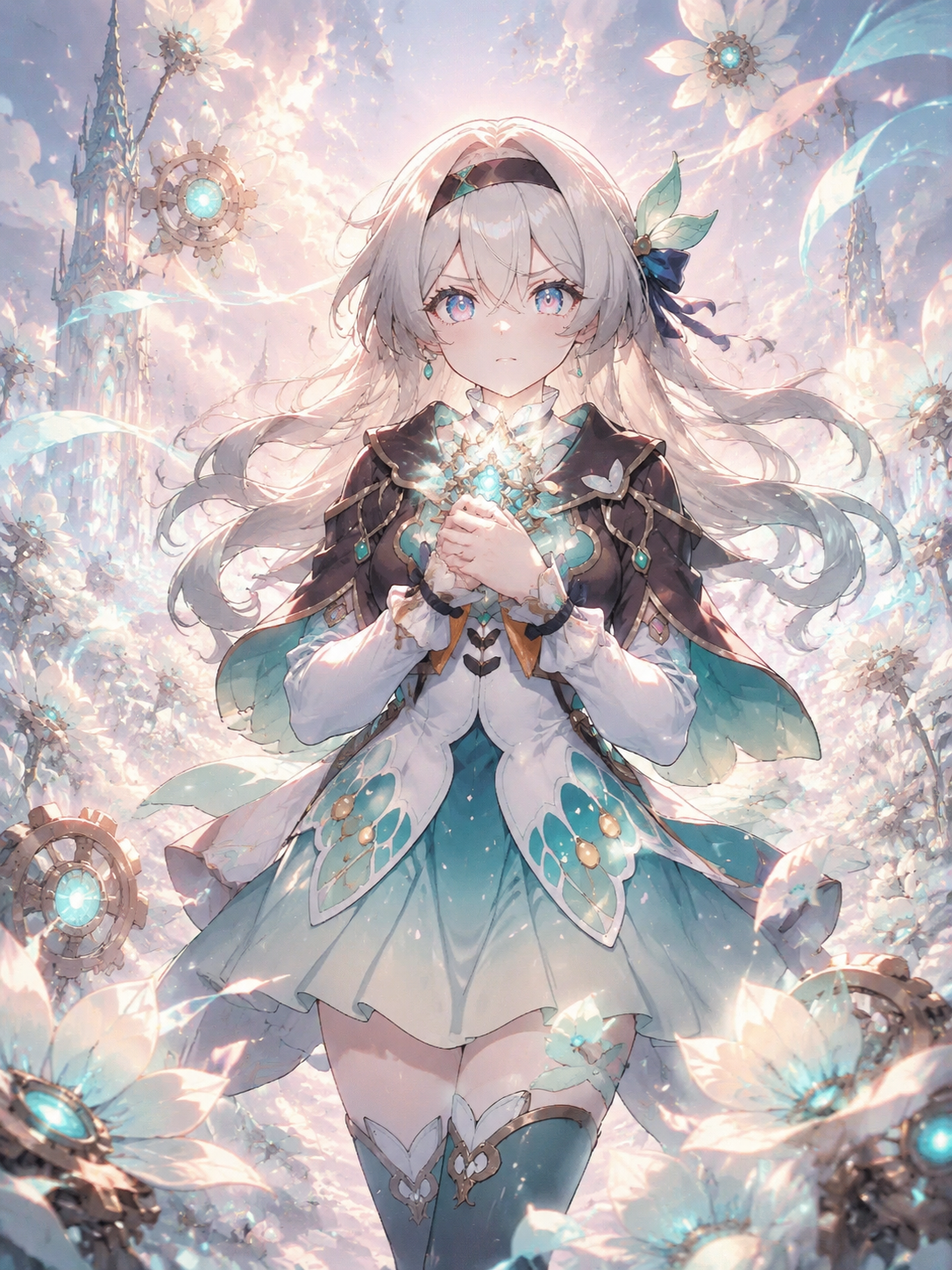 Clutching her transformation device with resolve In a field of glowing mechanical flowers (ethereal glow, pastel fantasy style)