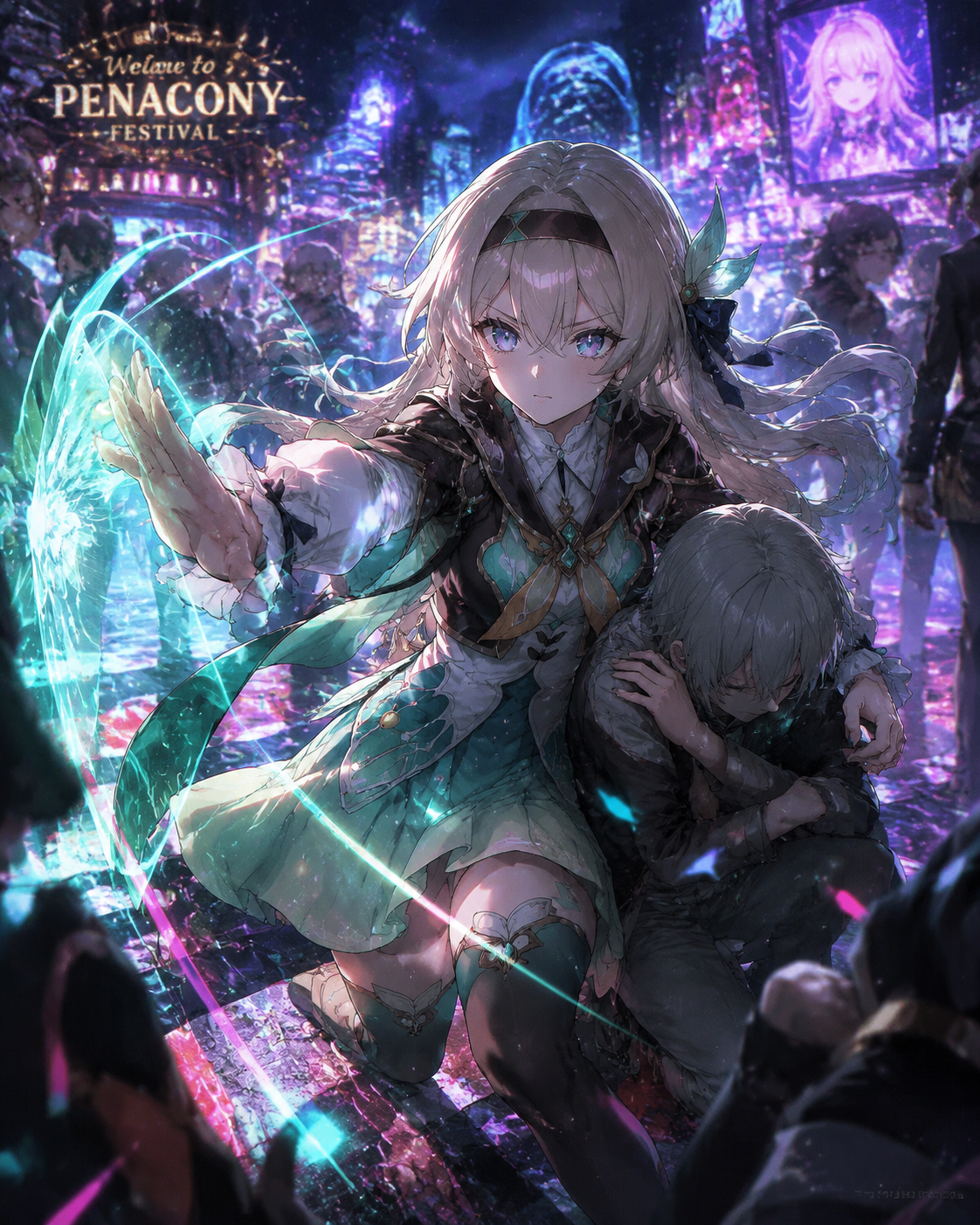 Defending a civilian with a focused gaze At a crowded festival in Penacony (cyberpunk anime, vibrant neon highlights)