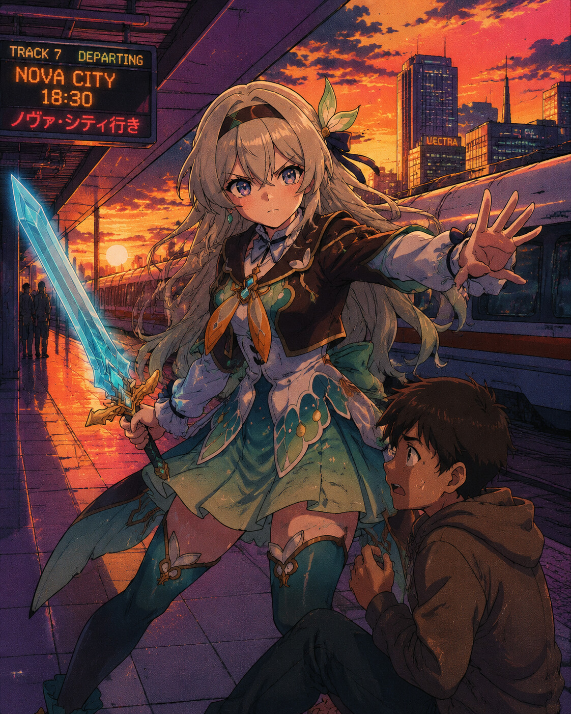 Defending a civilian with a focused gaze at a futuristic train station at sunset (retro 90s anime)