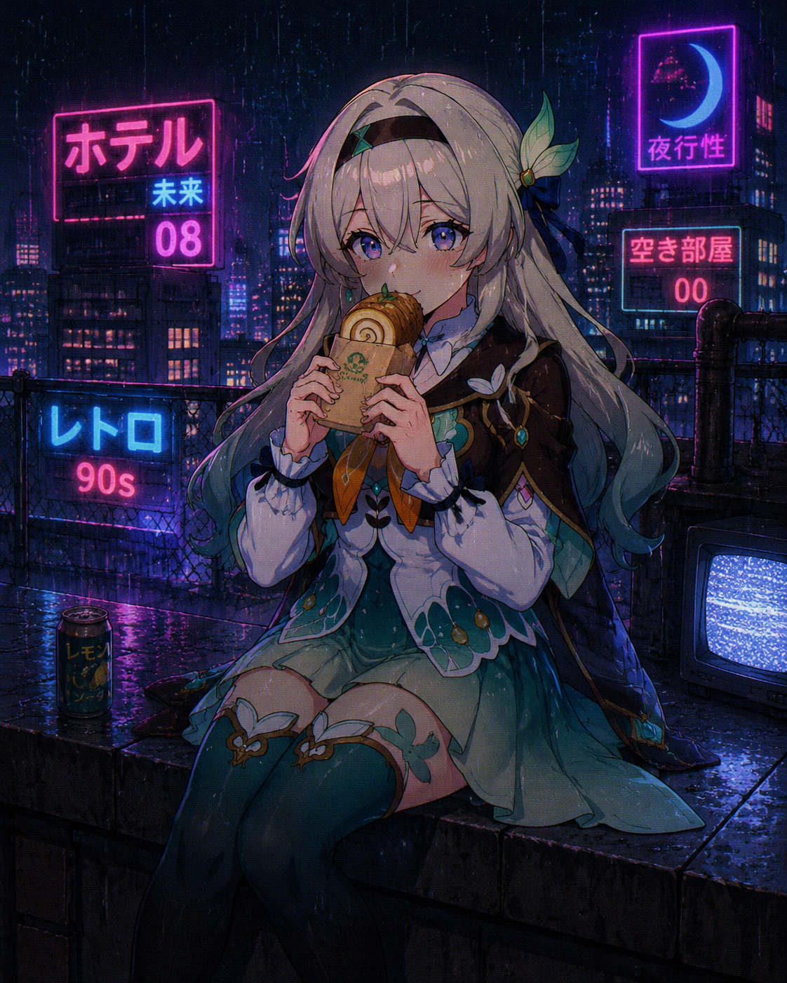 Eating a sweet oak cake roll On a rainy rooftop with flickering neon signs (retro 90s anime, grainy texture)