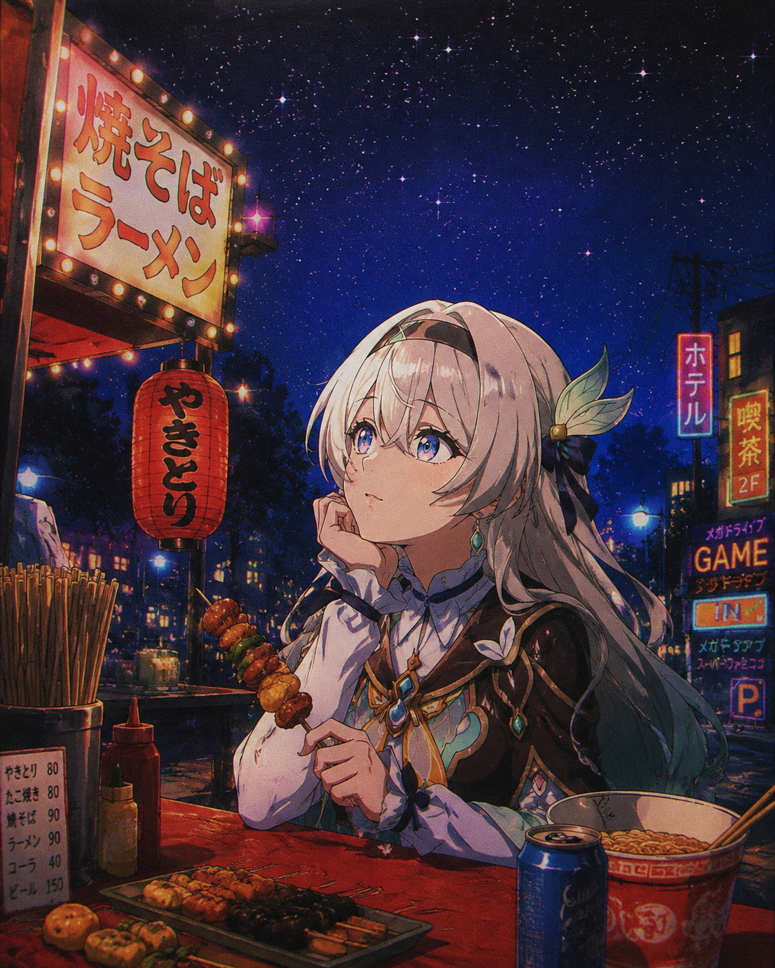 Gazing at the distant stars wistfully At a vibrant street food stall during midnight (retro 90s anime, grainy texture)