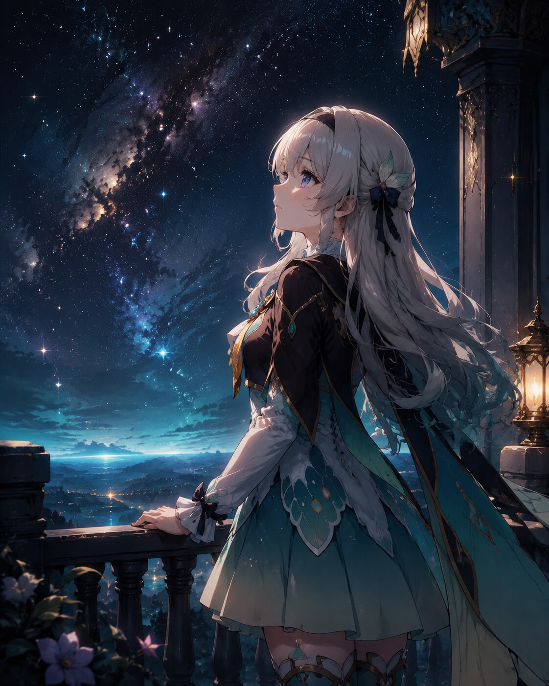 Gazing at the distant stars wistfully on a quiet balcony overlooking the cosmos (cinematic digital painting)