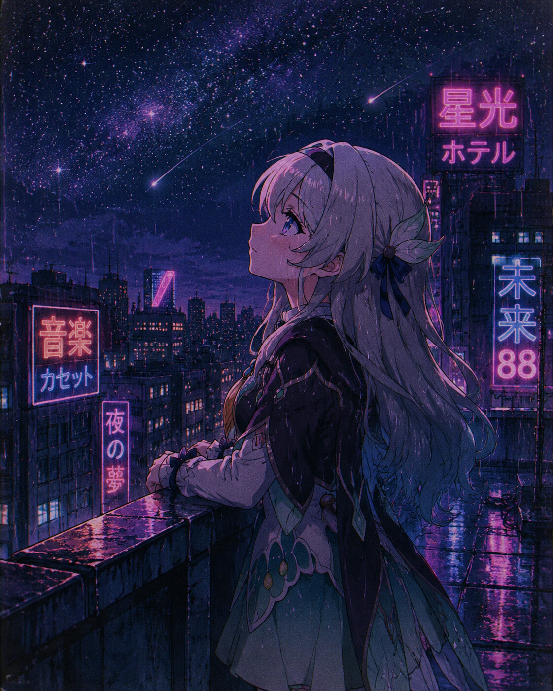 Gazing at the distant stars wistfully on a rainy rooftop with flickering neon signs (retro 90s anime)