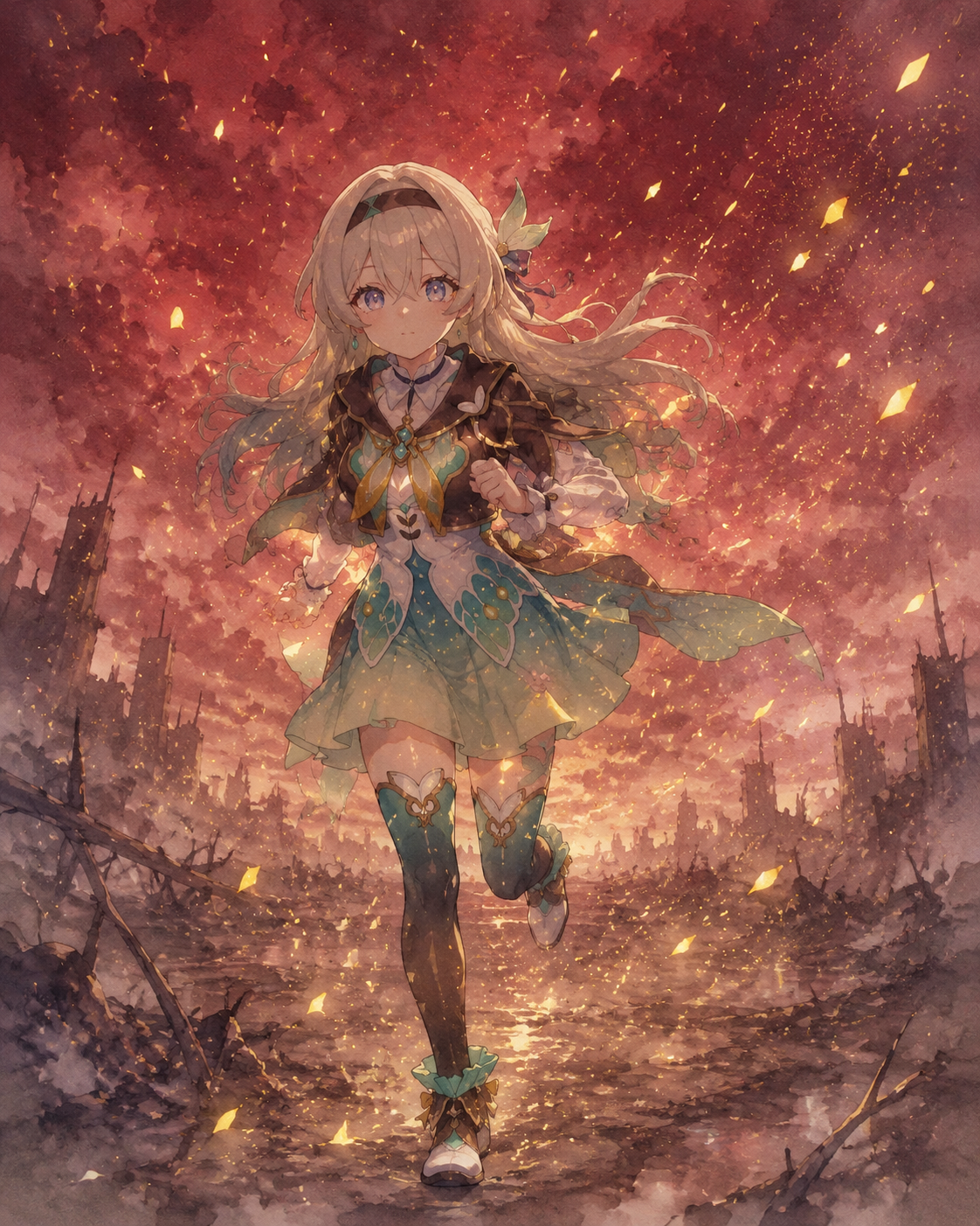 Running through a shower of golden sparks In a desolate wasteland under a crimson sky (soft watercolor, dreamlike atmosphere)
