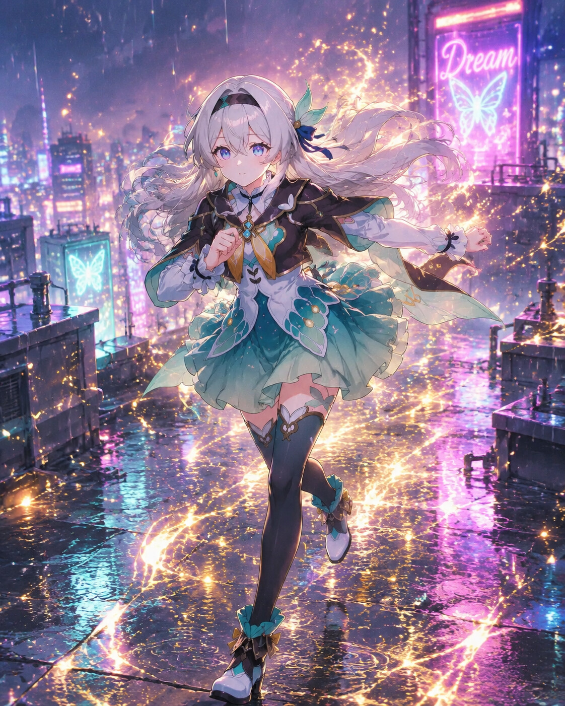 Running through a shower of golden sparks on a rainy rooftop with flickering neon signs (ethereal glow)