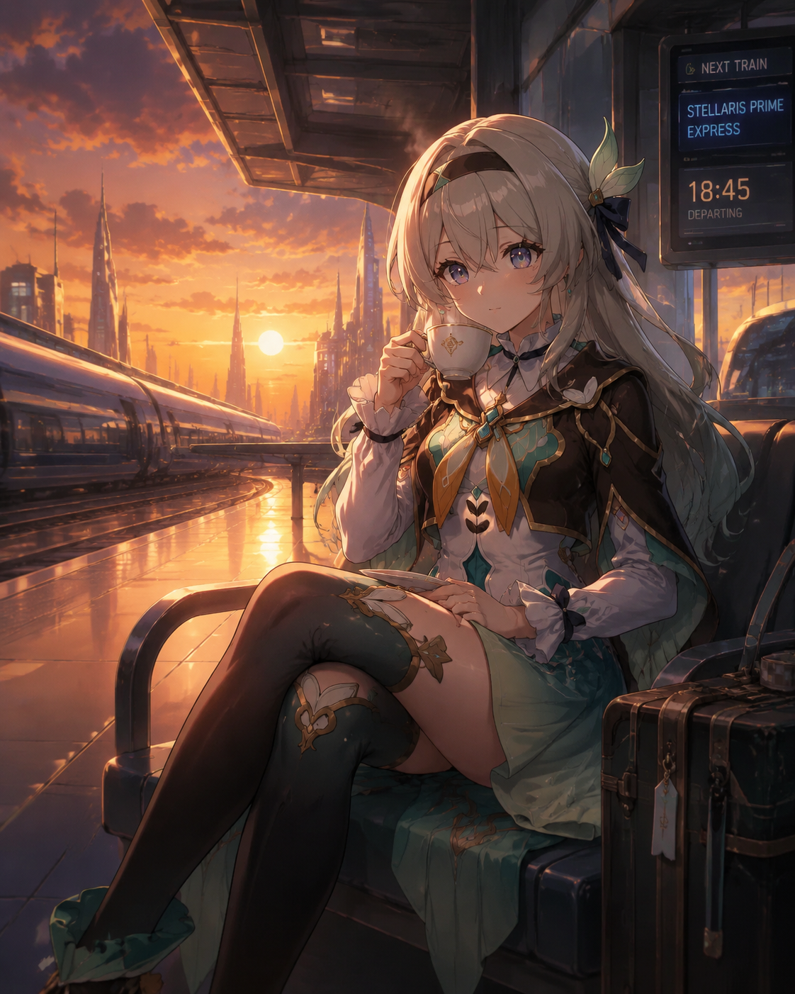 Sipping hot tea in a quiet moment At a futuristic train station at sunset (cinematic digital painting, dramatic lighting)