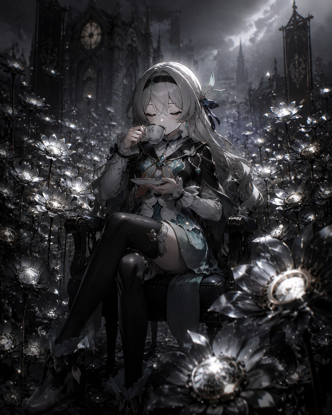 Sipping hot tea in a quiet moment in a field of glowing mechanical flowers (gothic noir)