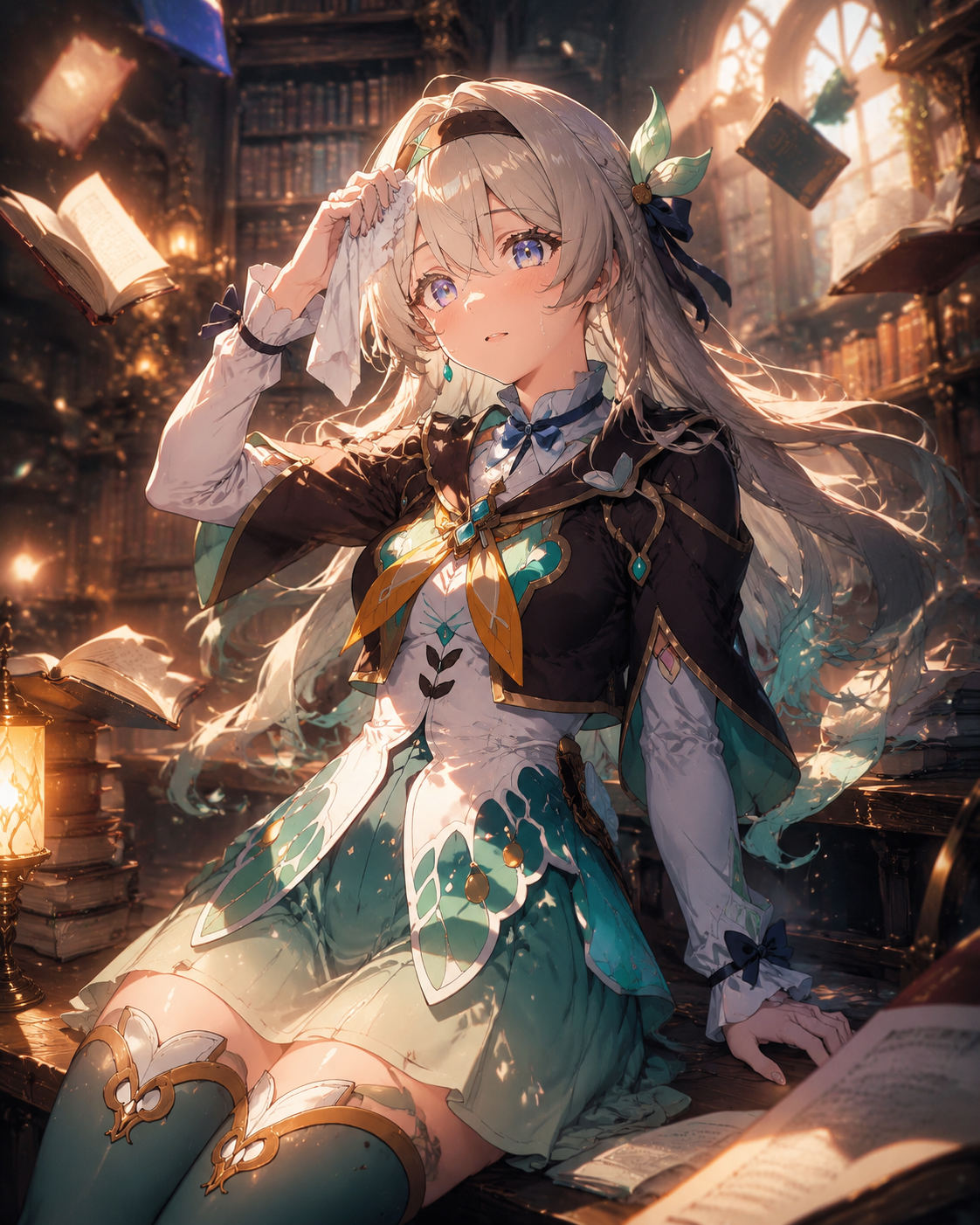 Wiping sweat from her forehead after training In a cozy library filled with floating books (cinematic digital painting, dramatic lighting)