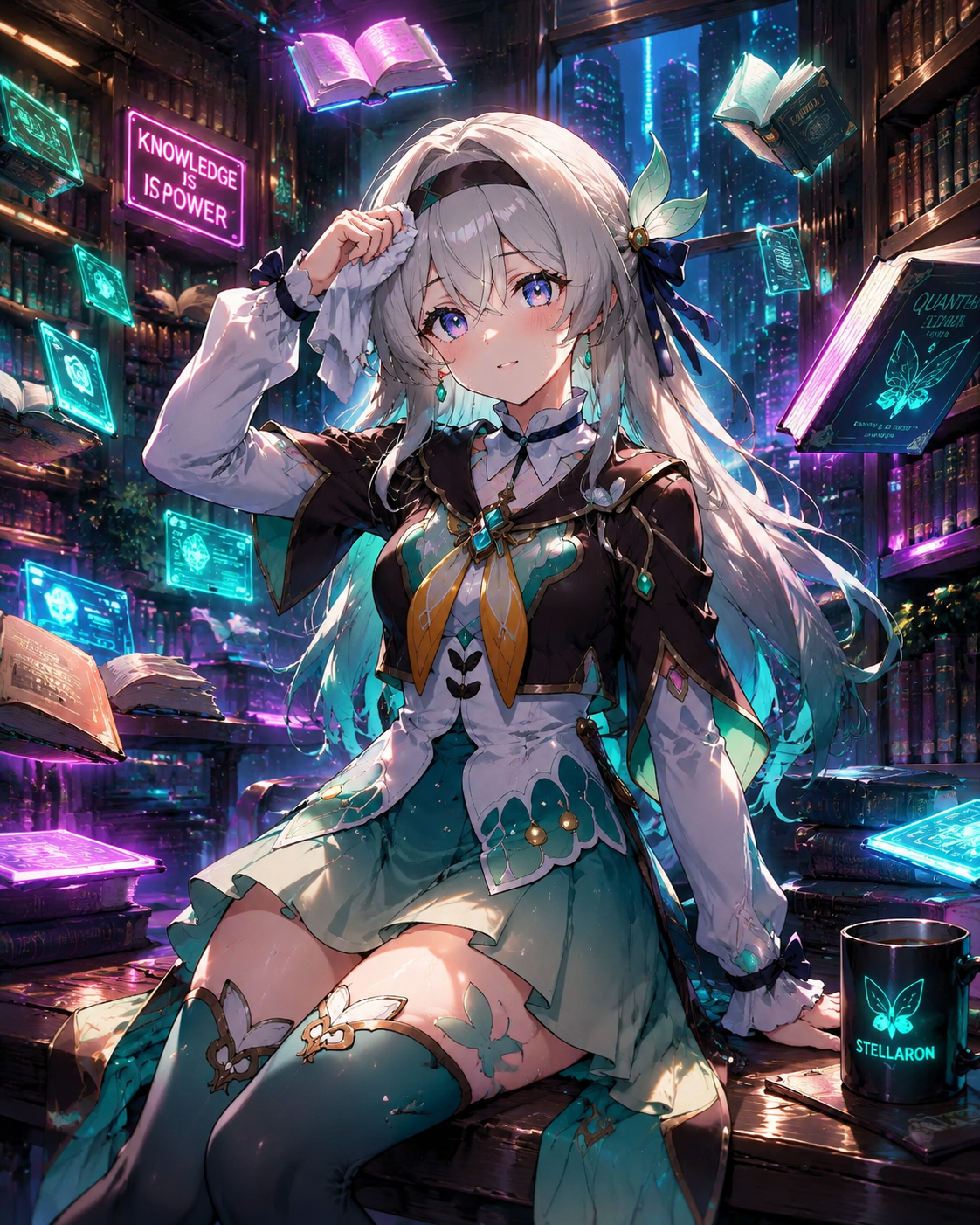 Wiping sweat from her forehead after training In a cozy library filled with floating books (cyberpunk anime, vibrant neon highlights)