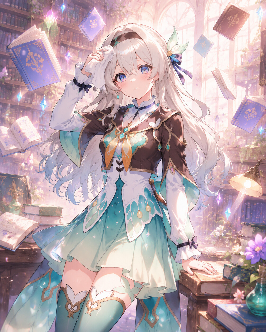 Wiping sweat from her forehead after training in a cozy library filled with floating books (ethereal glow)