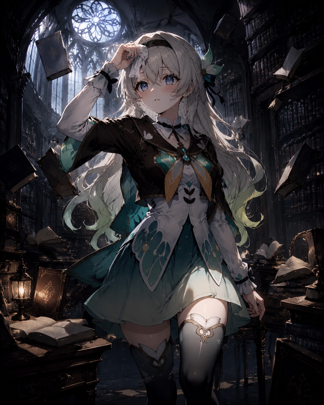 Wiping sweat from her forehead after training in a cozy library filled with floating books (gothic noir)