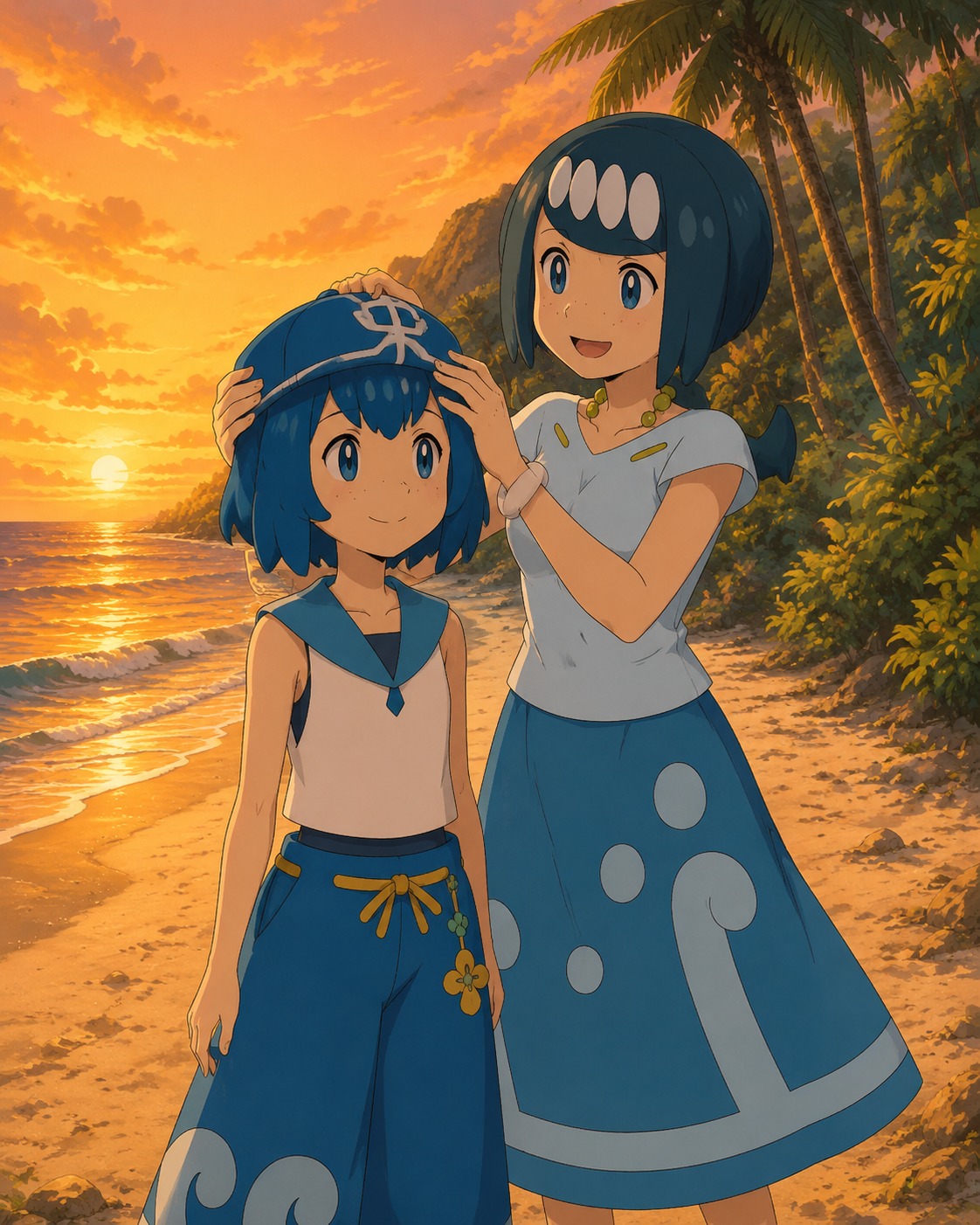 Adjusting lana's blue sailor hat with a smile On a sandy beach during a golden sunset (cinematic Ghibli-inspired scenery, lush greens)
