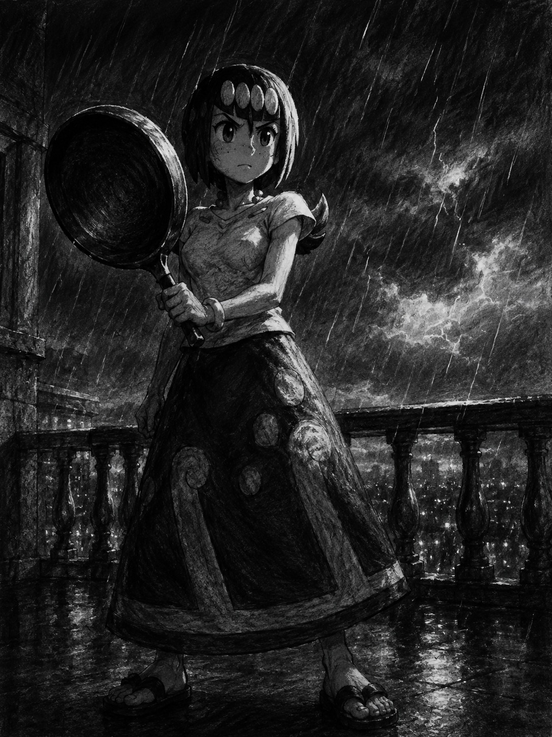 Brandishing a heavy iron frying pan like a weapon On a stormy balcony watching the heavy rain fall (dark charcoal sketch, high contrast lighting)