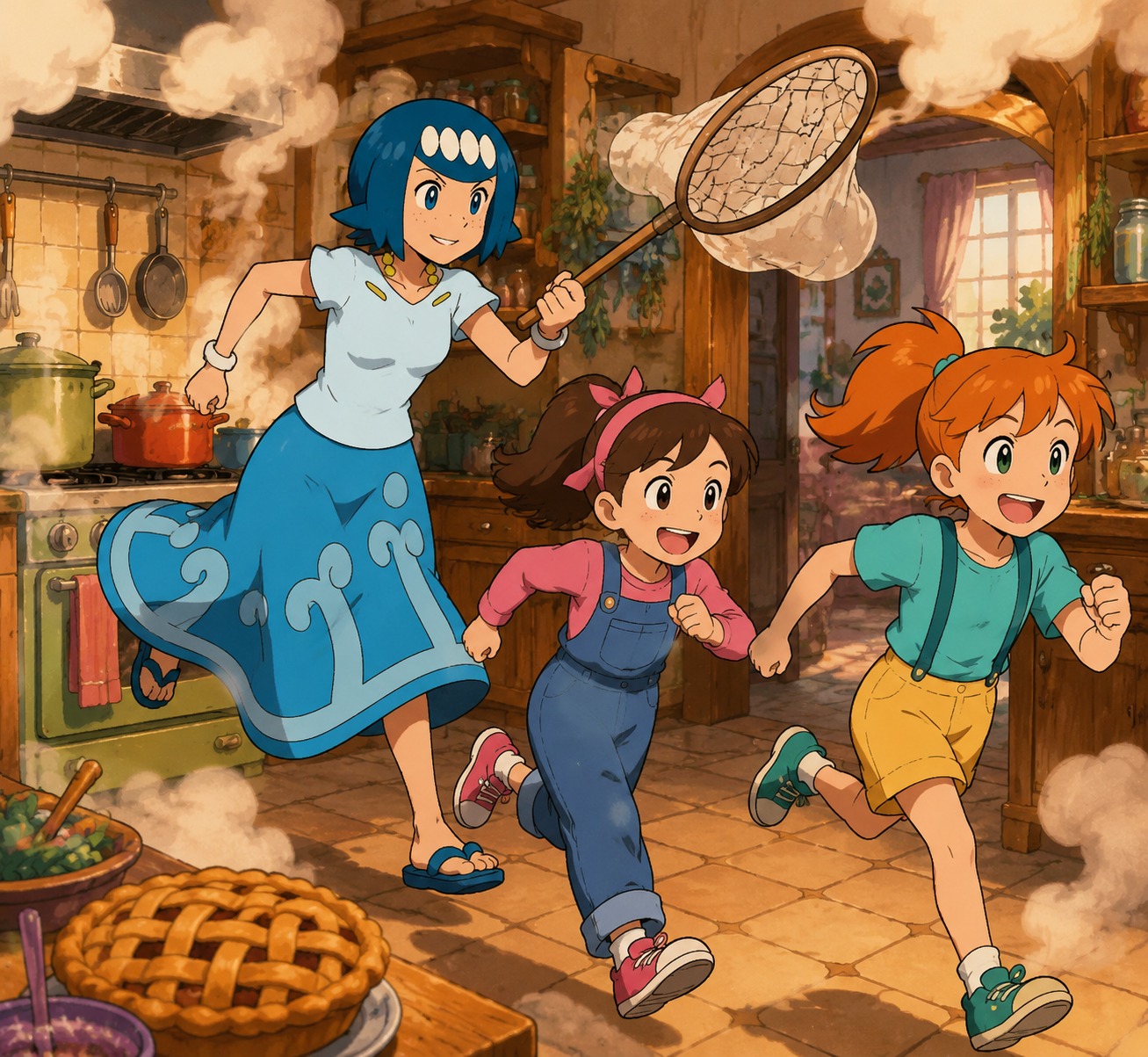 Chasing harper and sarah with a butterfly net In a cozy kitchen filled with steam and aromas (90s retro cel-shaded style, bold outlines)