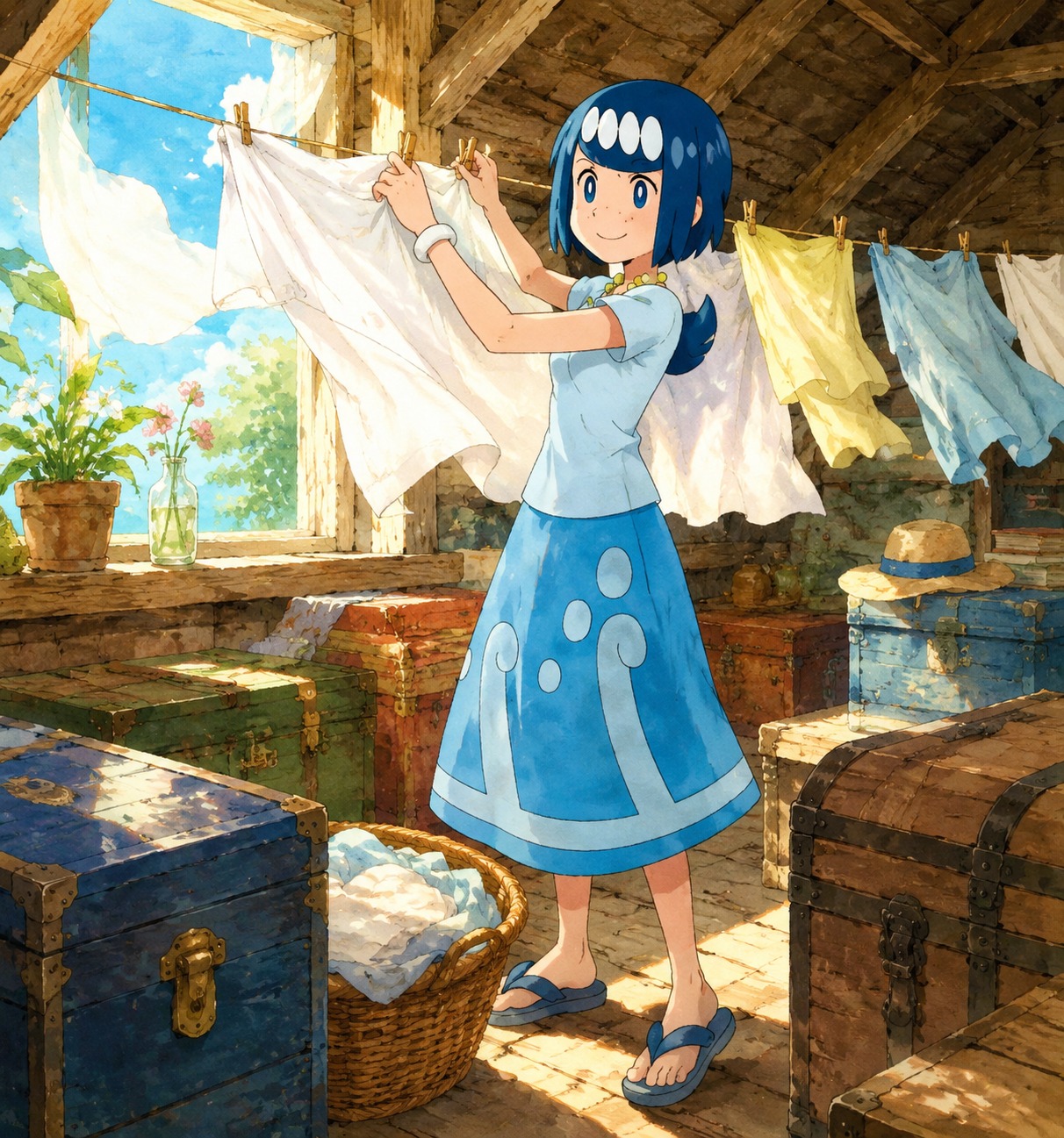 Hanging laundry to dry in the breeze In a sun-drenched attic filled with wooden trunks (vibrant watercolor anime, soft sunlit textures)