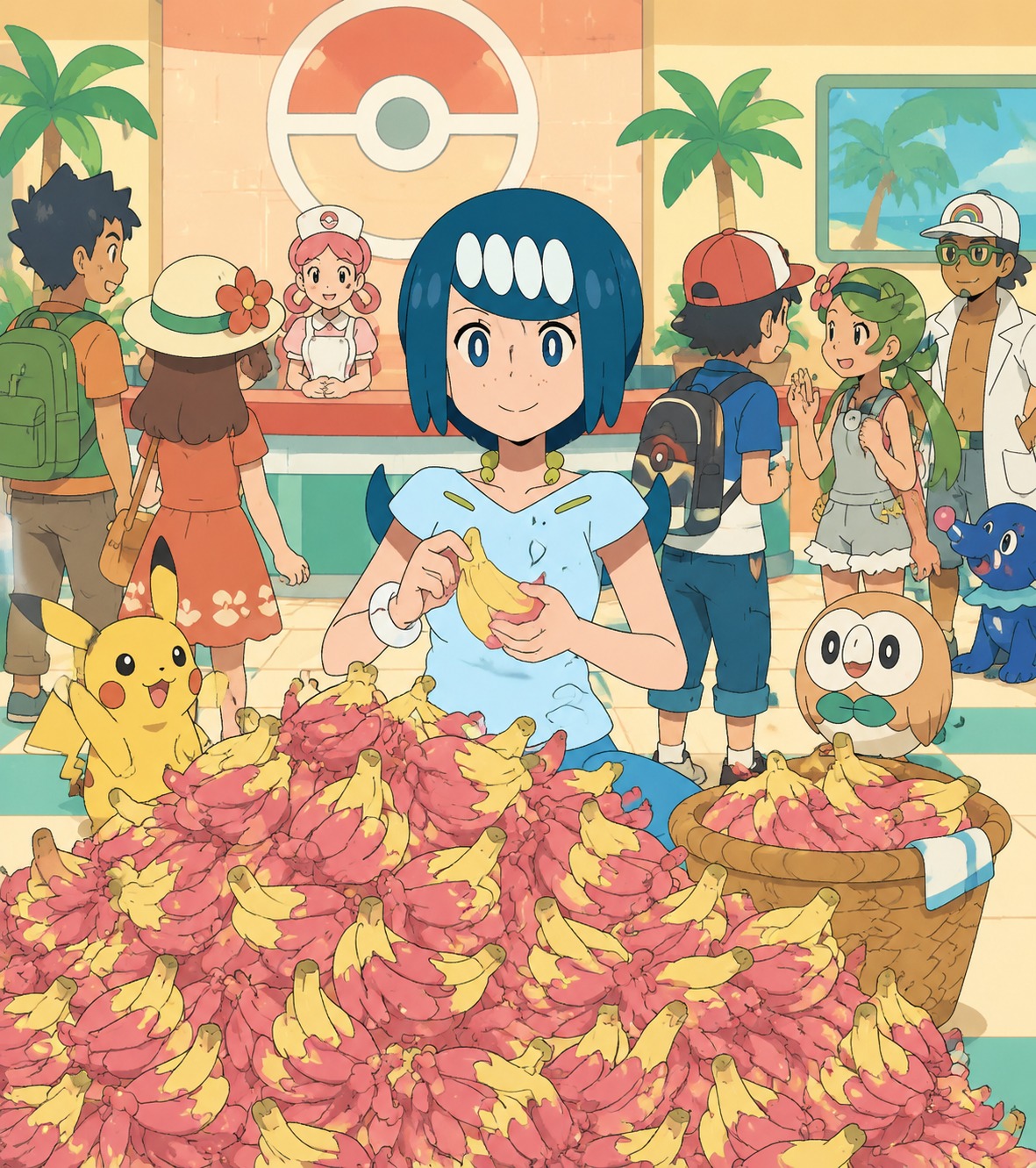 Peeling a mountain of nanab berries At a crowded Pokémon Center lobby (minimalist flat vector art, tropical palette)