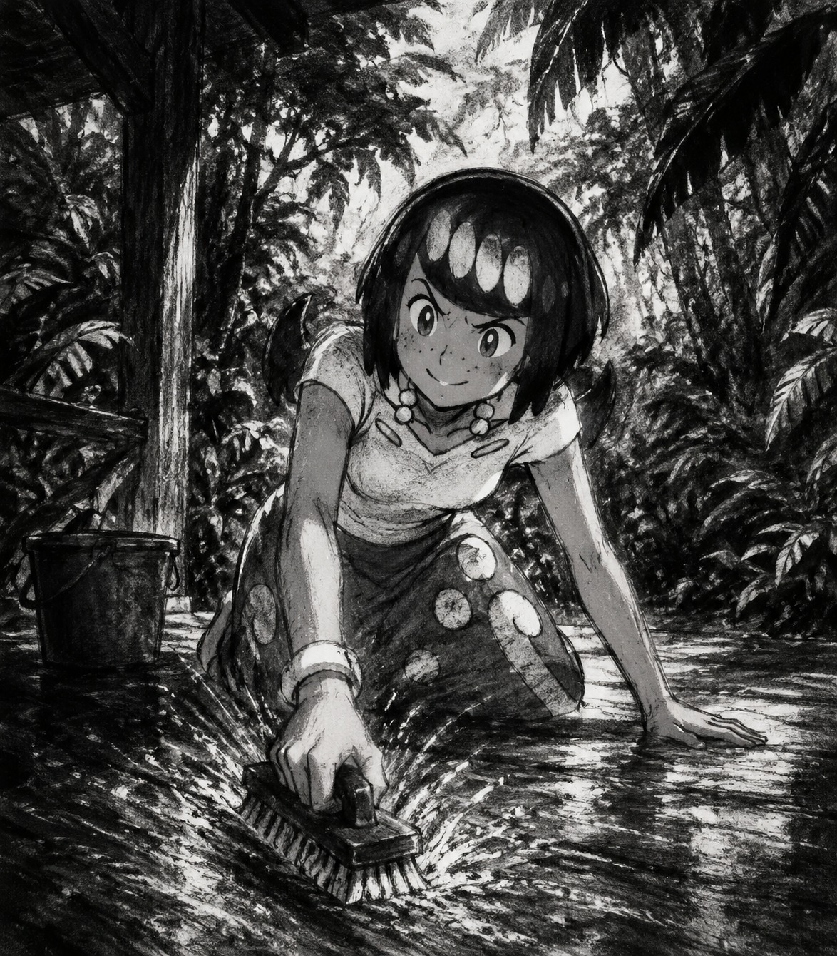 Scrubbing the porch floor with intense energy In a dense jungle clearing surrounded by tropical foliage (dark charcoal sketch, high contrast lighting)