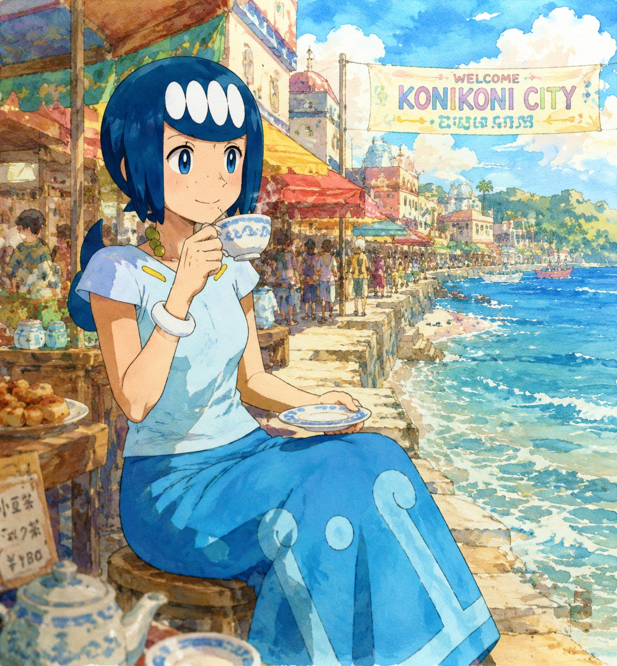 Sipping hot tea while watching the tide come in At a bustling open-air market in Konikoni City (vibrant watercolor anime, soft sunlit textures)