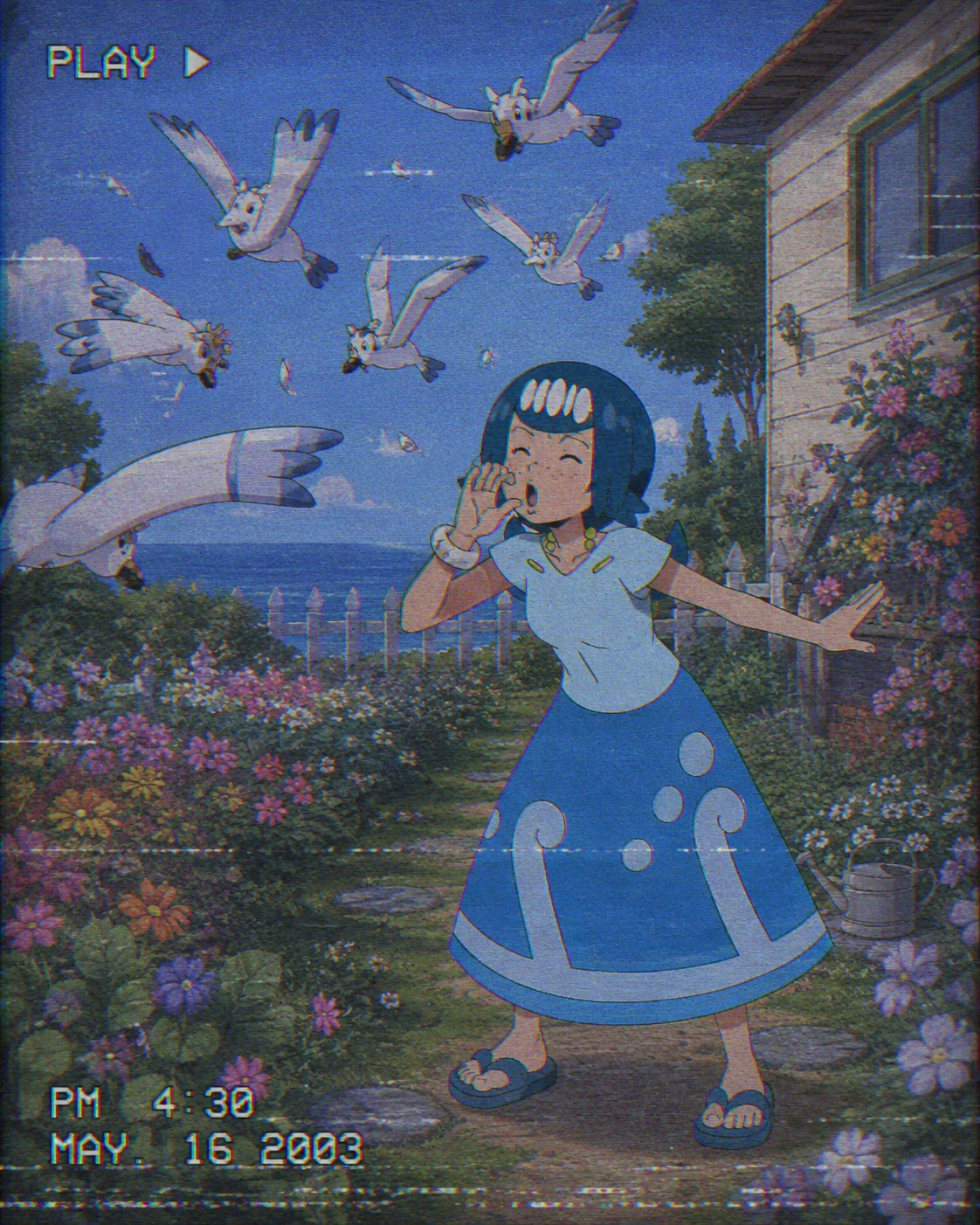 Startling a flock of wingull with a loud whistle In a quiet flower garden behind the family home (lo-fi aesthetic, grainy VHS filter)