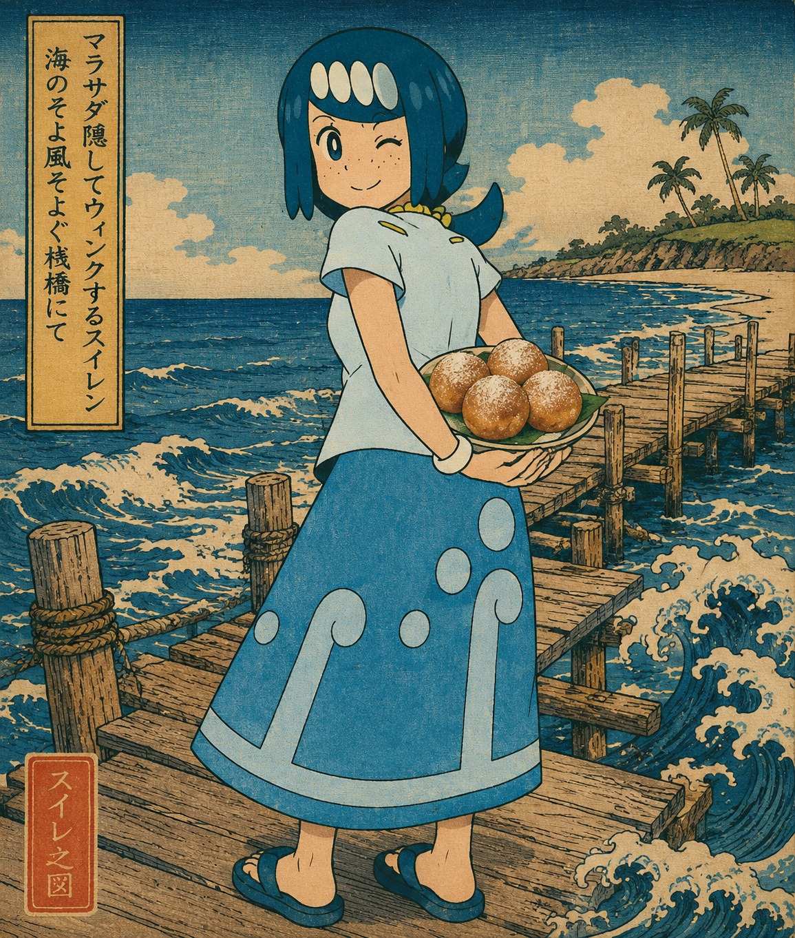 Winking while hiding a plate of fresh malasadas On a rickety wooden pier overlooking the ocean (Ukiyo-e woodblock print style, ocean motifs)