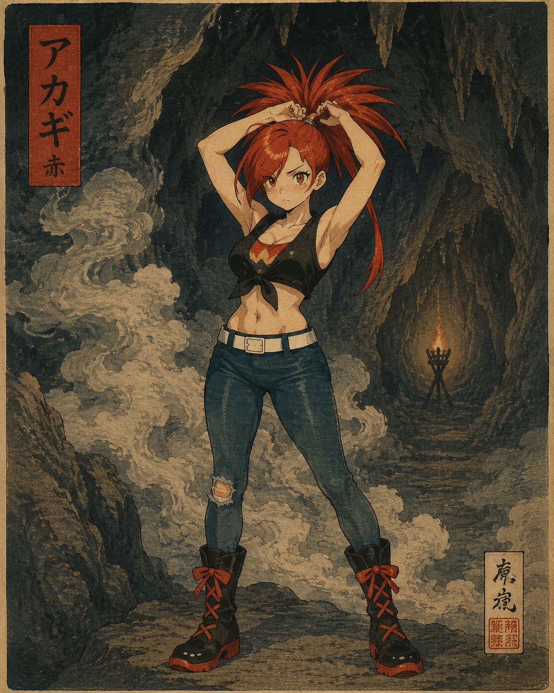 Adjusting her messy ponytail In a dimly lit cavern filled with smoke (ukiyo-e woodblock print, traditional style)