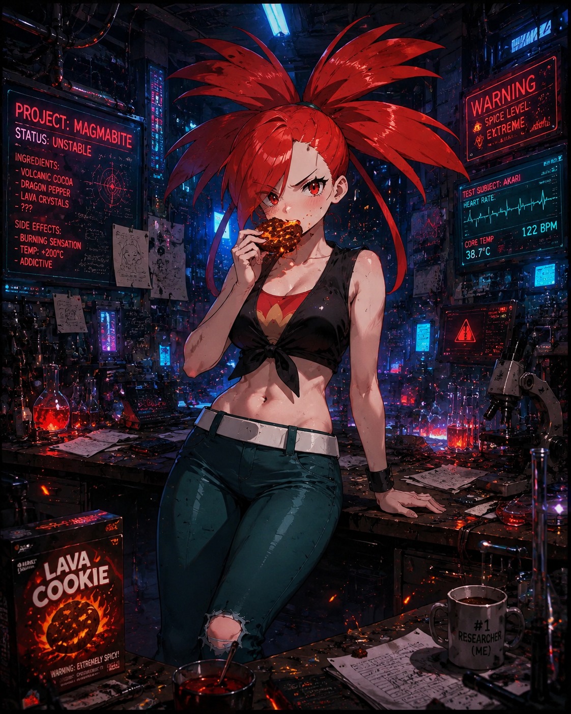 Eating a spicy lava cookie In a cluttered research laboratory (cyberpunk aesthetic, glowing embers)
