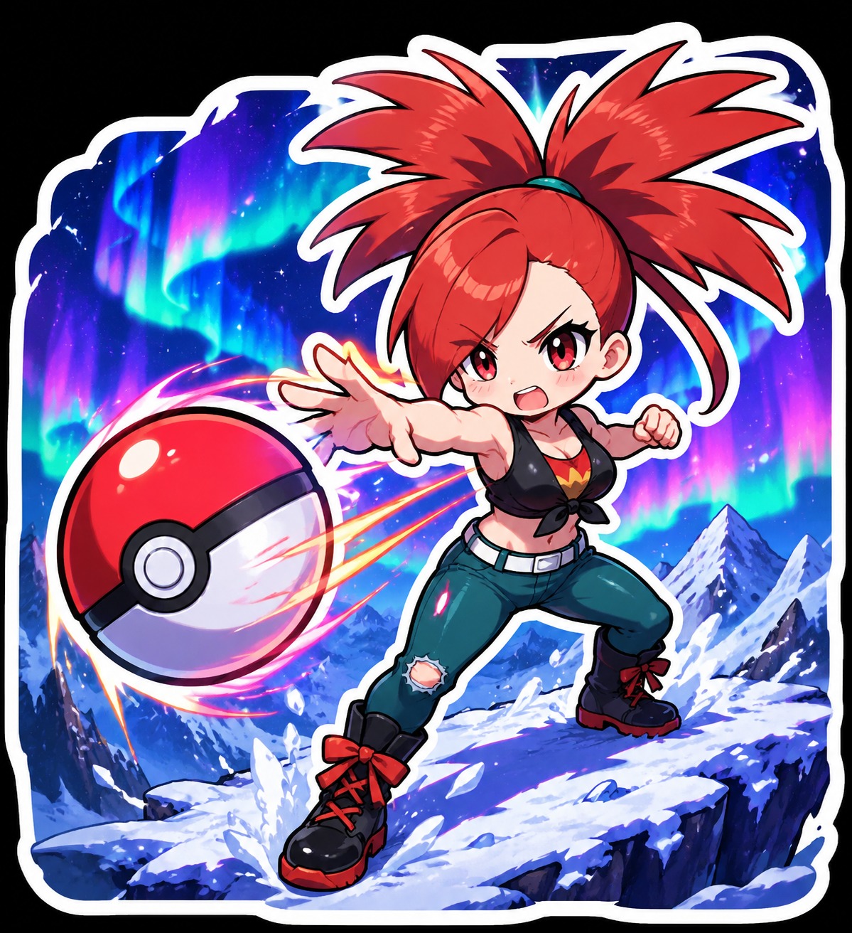 Hurling a heavy pokéball forward On a snowy peak under the aurora (chibi stickers, vibrant neon colors)