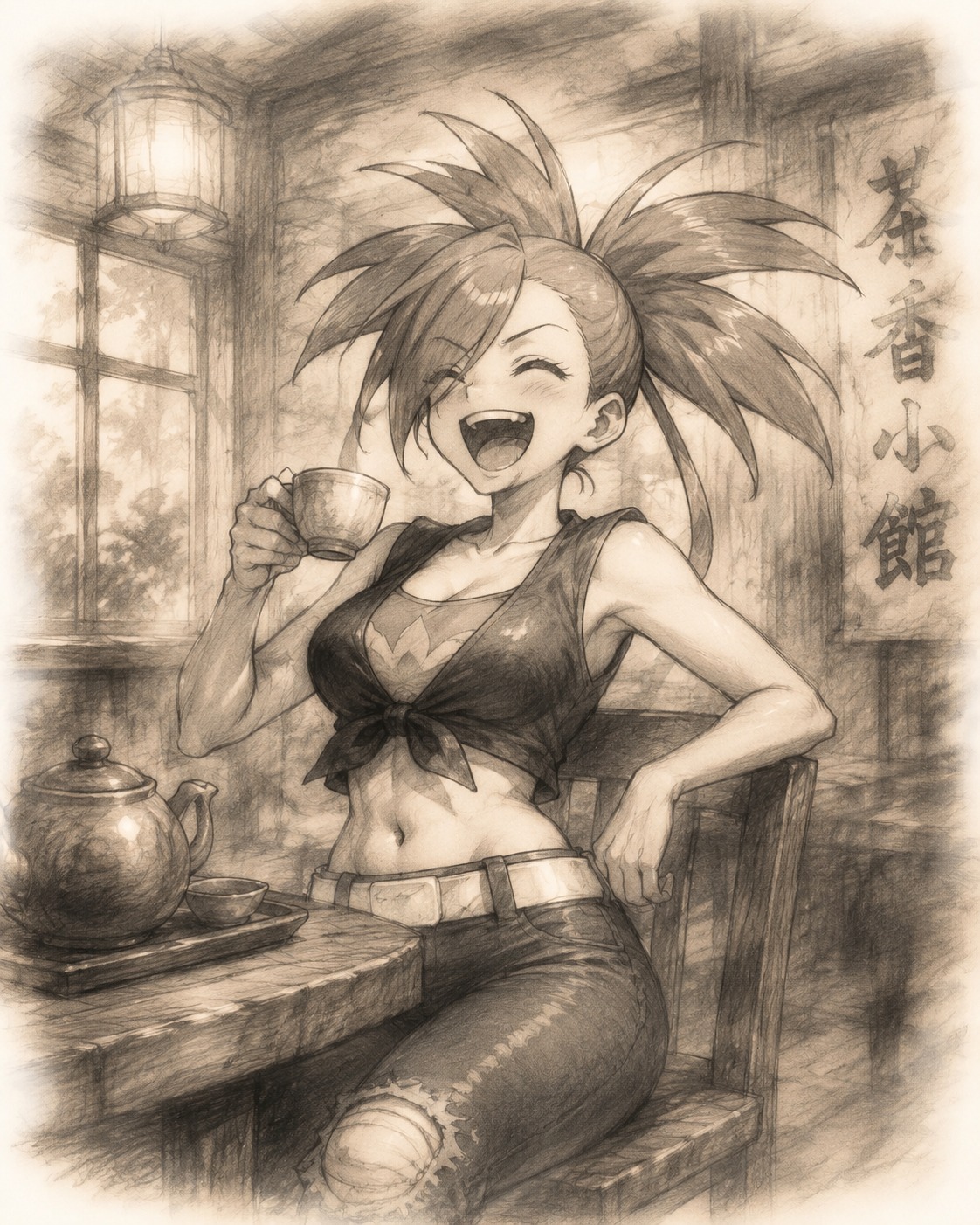 Laughing loudly with bright eyes At a cozy wooden tea house (soft charcoal sketch, hazy edges)