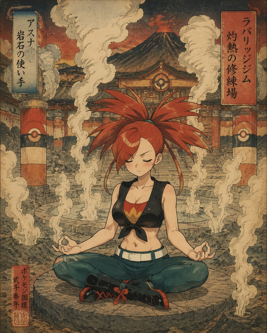 Meditating amidst rising steam In the heat-shimmering Lavaridge Gym arena (ukiyo-e woodblock print, traditional style)
