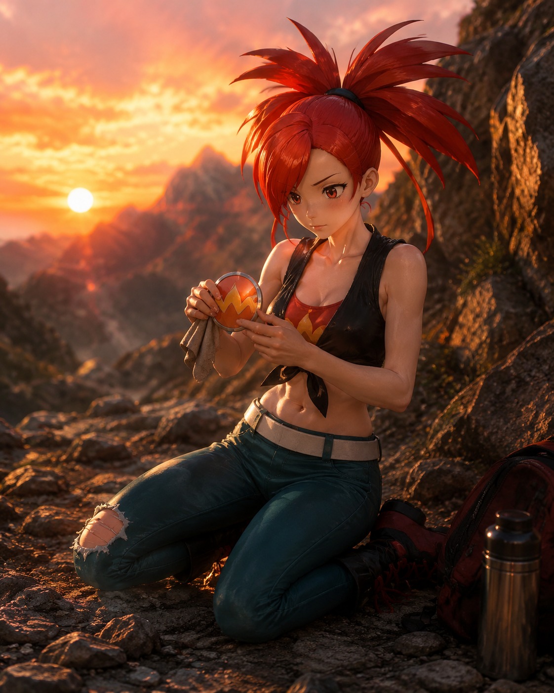 Polishing a shiny heat badge On a rocky mountain path during sunset (3D render, hyper-realistic textures)