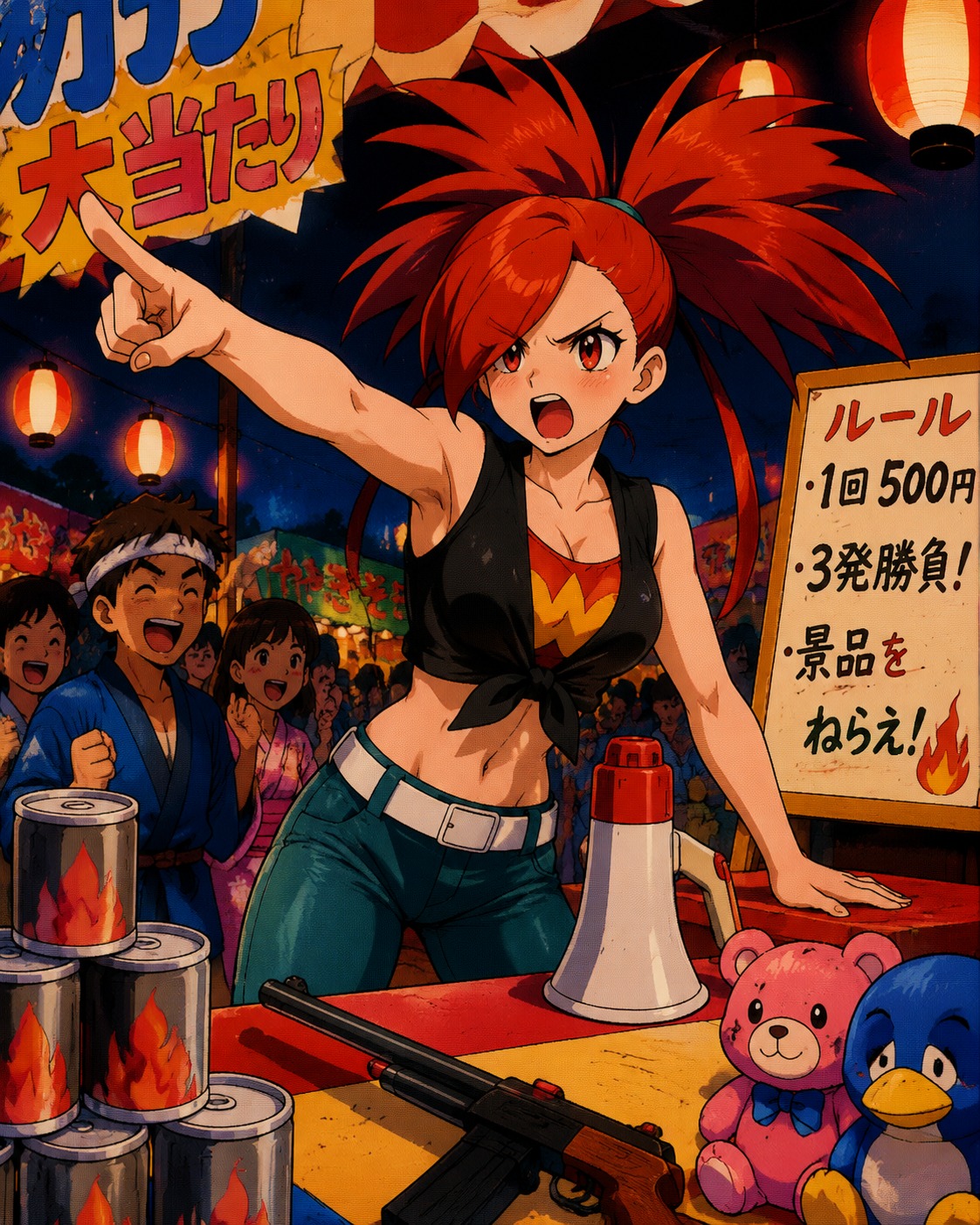 Shouting instructions with fiery intensity At a festive summer carnival stall (90s retro anime, cel-shaded)