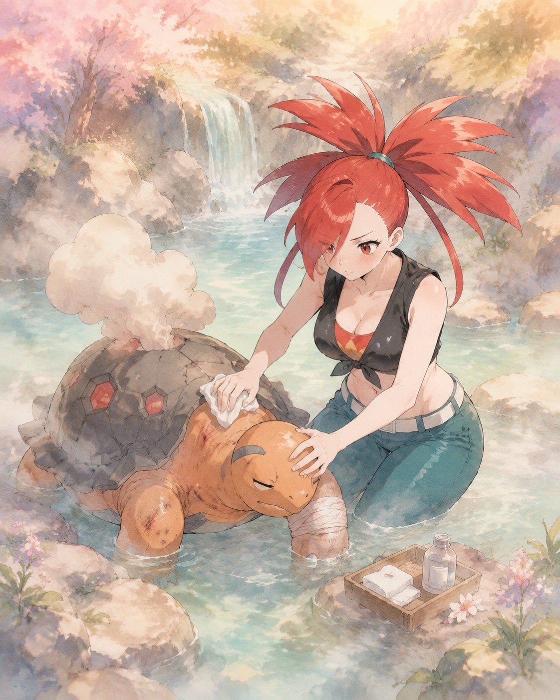 Tending to a wounded torkoal In a tranquil natural hot spring (delicate watercolor, pastel gradients)
