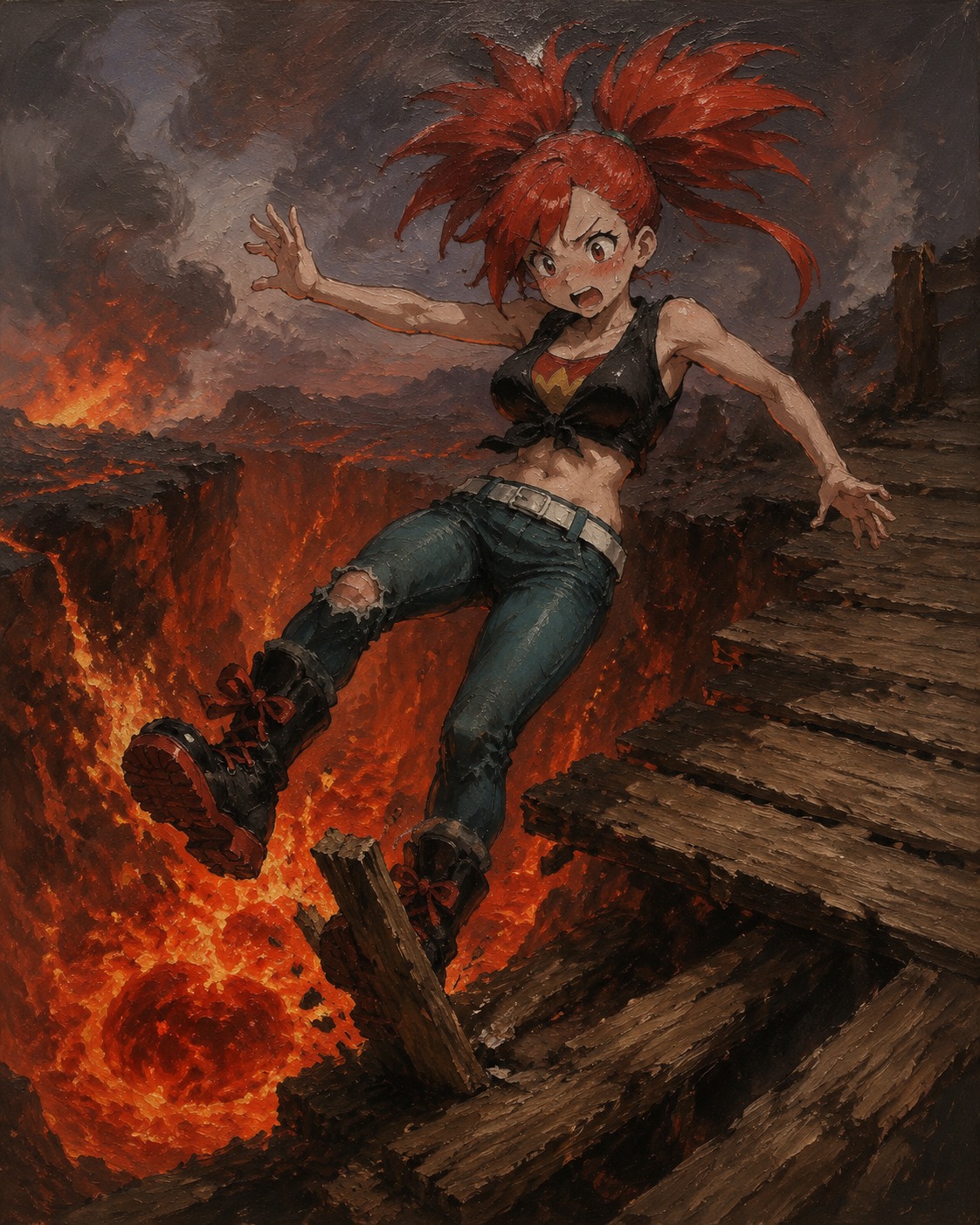 Tripping over a loose floorboard At the edge of a bubbling volcanic crater (gritty oil painting, thick brushstrokes)