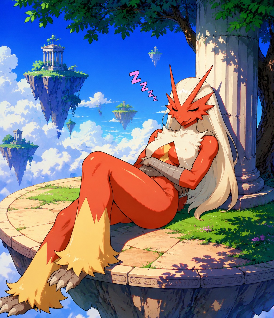 Napping in the shade On a floating platform above the clouds (vibrant 90s anime cel-shaded)
