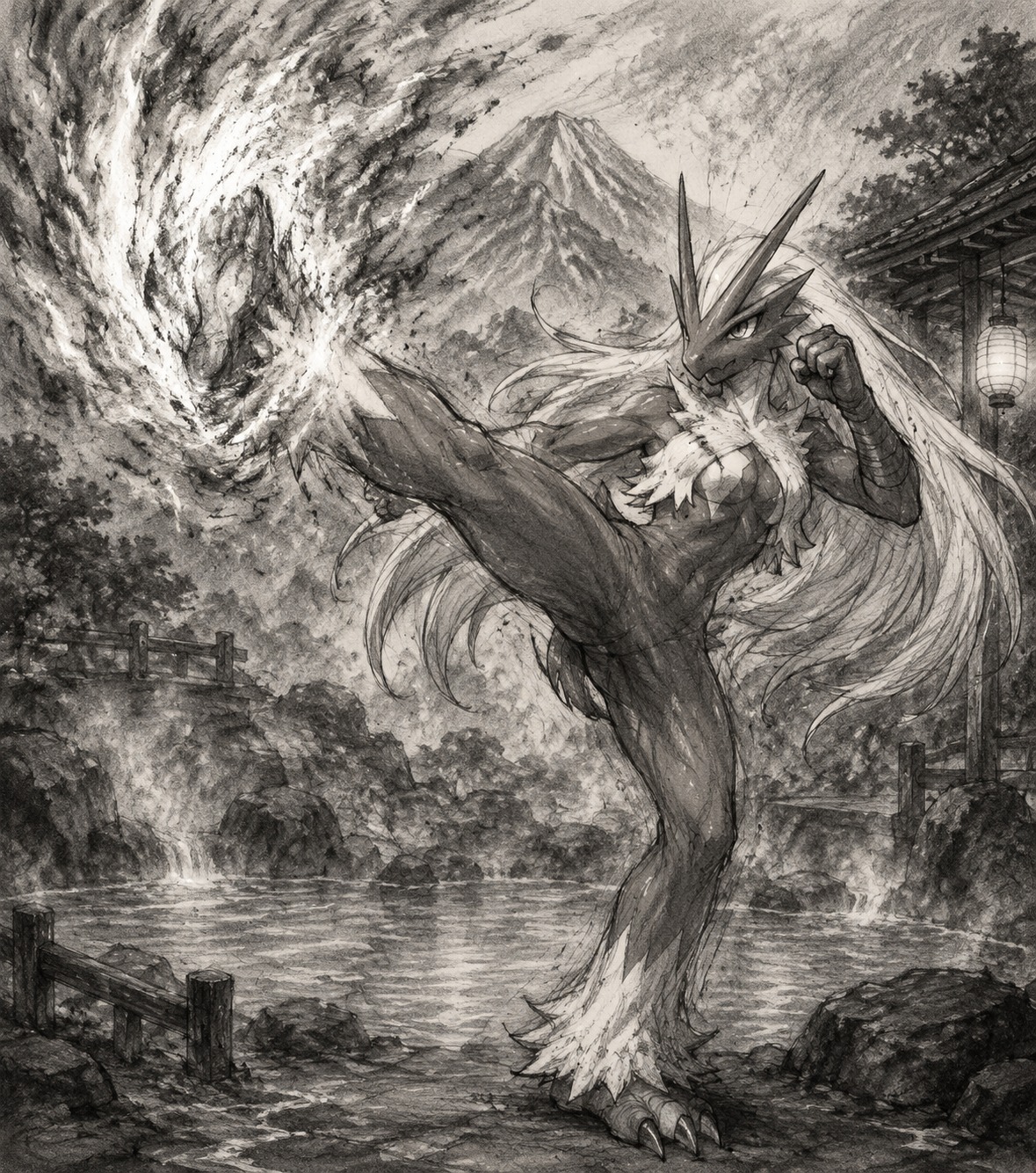 Unleashing a powerful blaze kick At a tranquil mountain hot spring (gritty charcoal sketch, rough textures)