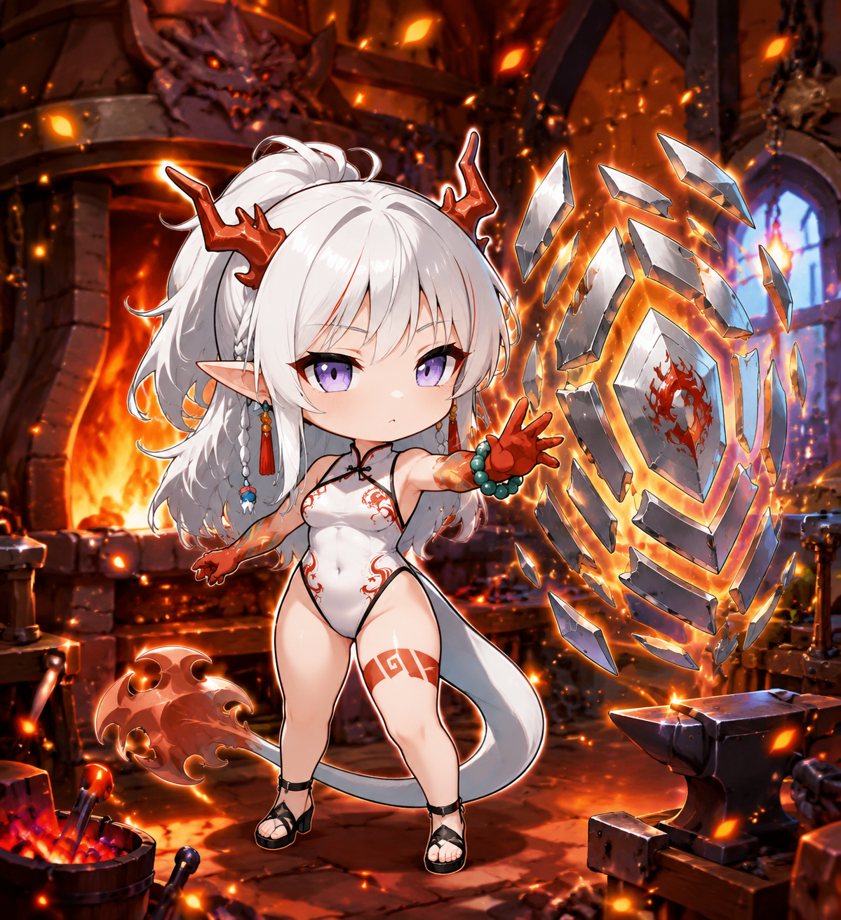 Conjuring a shield of floating metallic shards In a traditional forge surrounded by burning embers (whimsical chibi style, bright saturated colors)