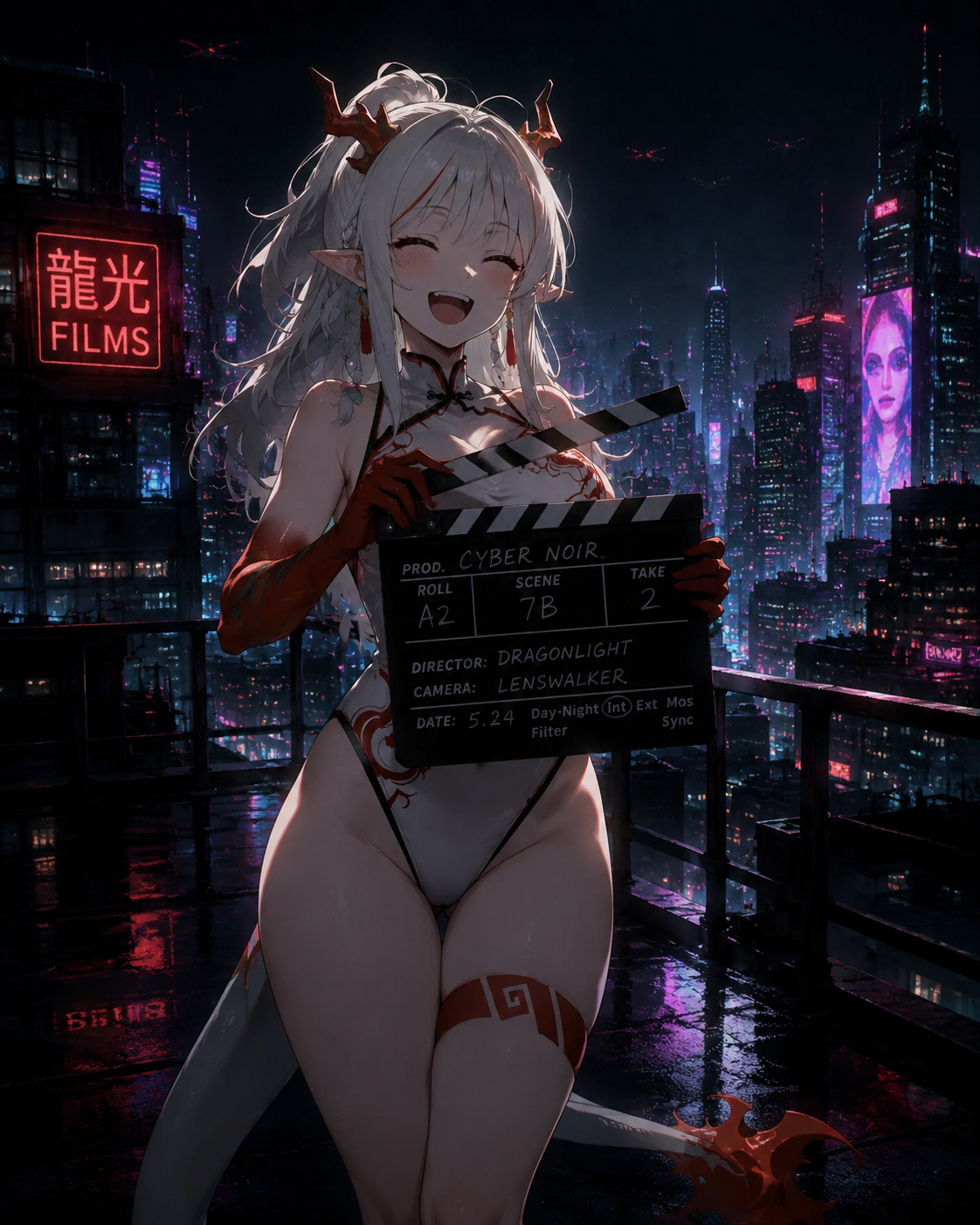 Laughing while holding a movie clapperboard On a rooftop overlooking a futuristic neon city (moody cinematic noir, deep shadows and rim lighting)