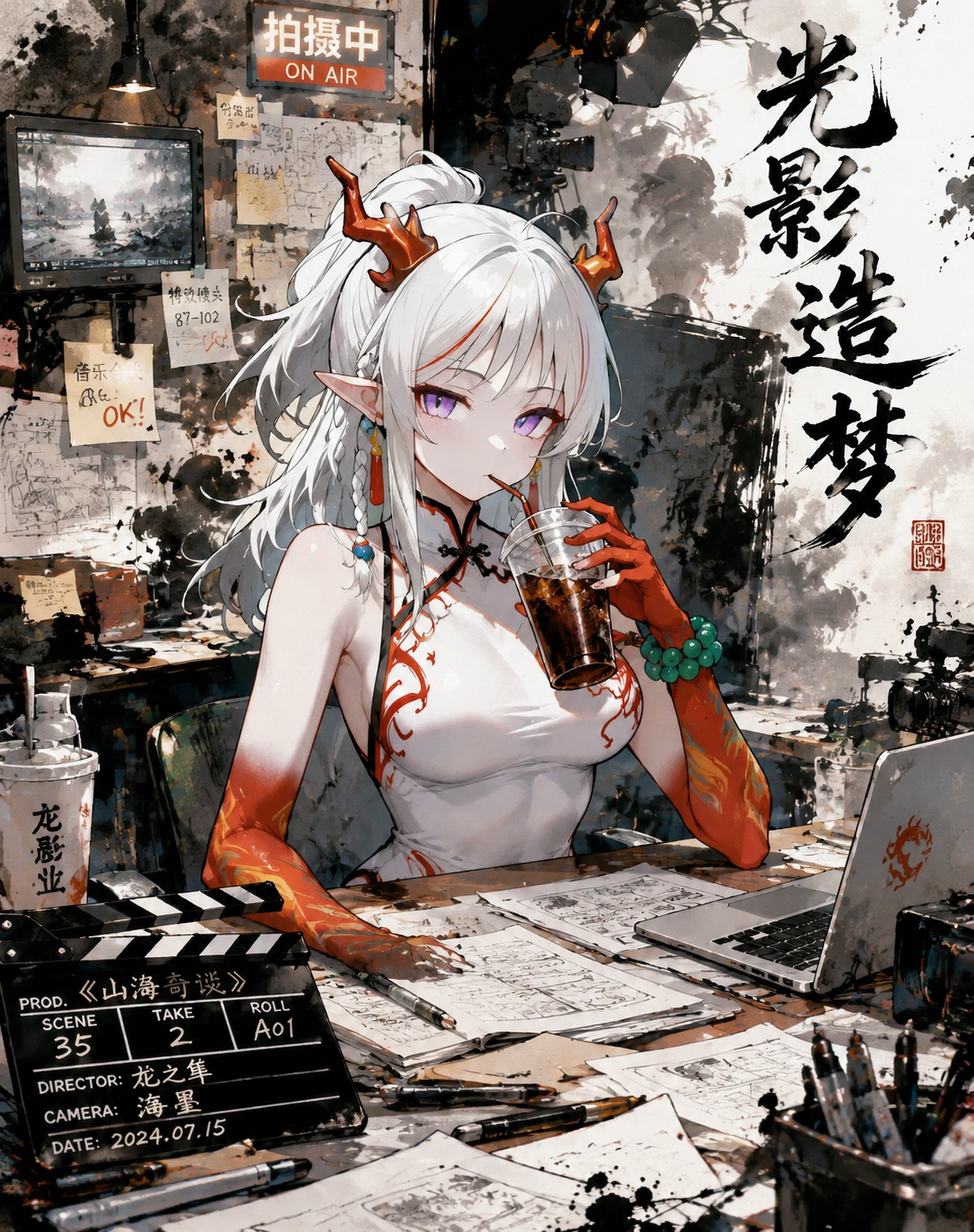 Sipping a cold soda through a straw At a cluttered desk inside a movie studio (vibrant ink wash, bold calligraphy strokes)