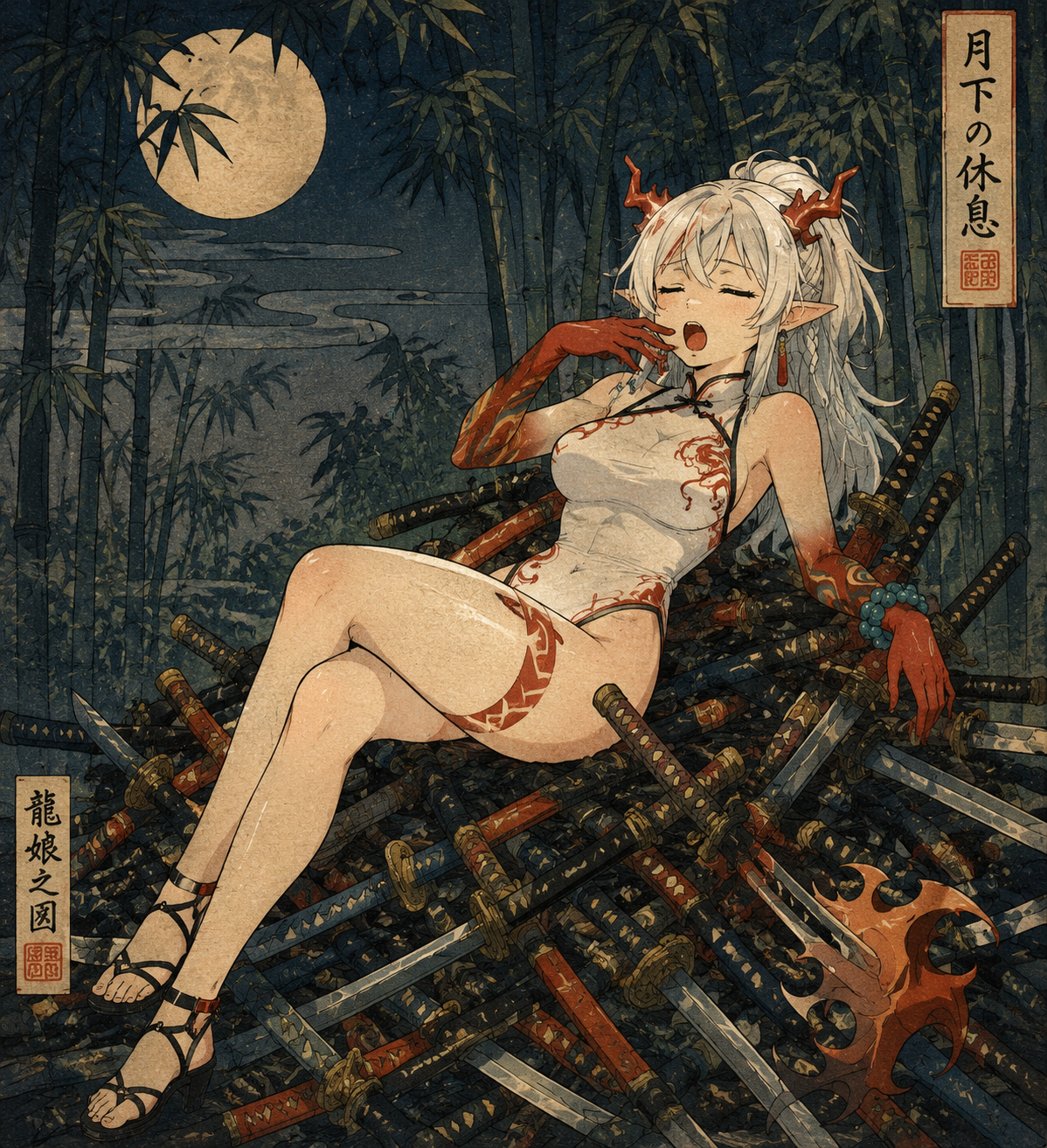 Yawning while reclining on a pile of swords In a quiet bamboo forest under a full moon (Ukiyo-e woodblock print, flat colors and intricate patterns)
