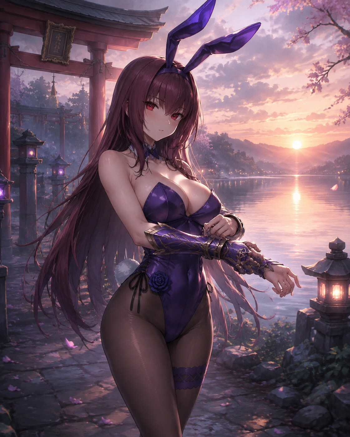 Adjusting her intricate gauntlets before a duel at a quiet lakeside shrine at dawn (ethereal digital painting)