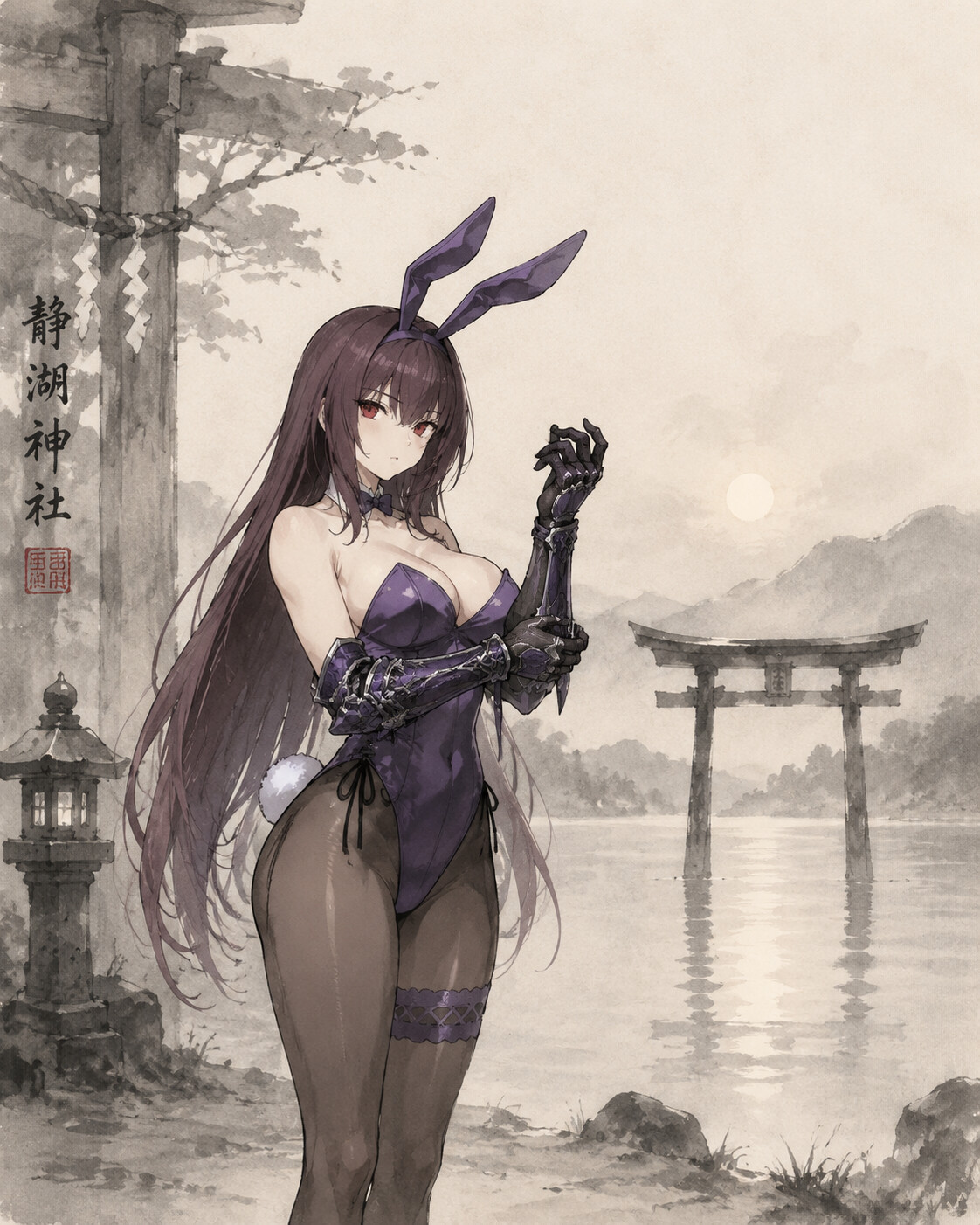 Adjusting her intricate gauntlets before a duel at a quiet lakeside shrine at dawn (traditional Japanese ink wash painting)