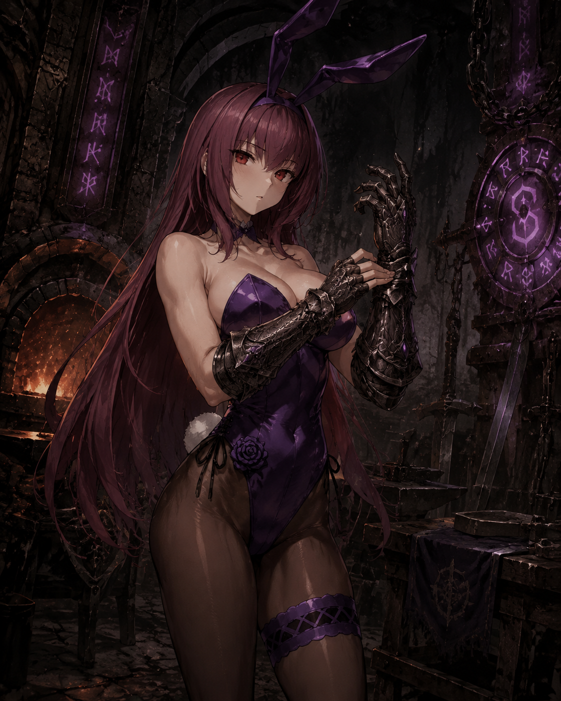 Adjusting her intricate gauntlets before a duel In a dimly lit forge illuminated by glowing runes (gritty gothic illustration, muted colors)