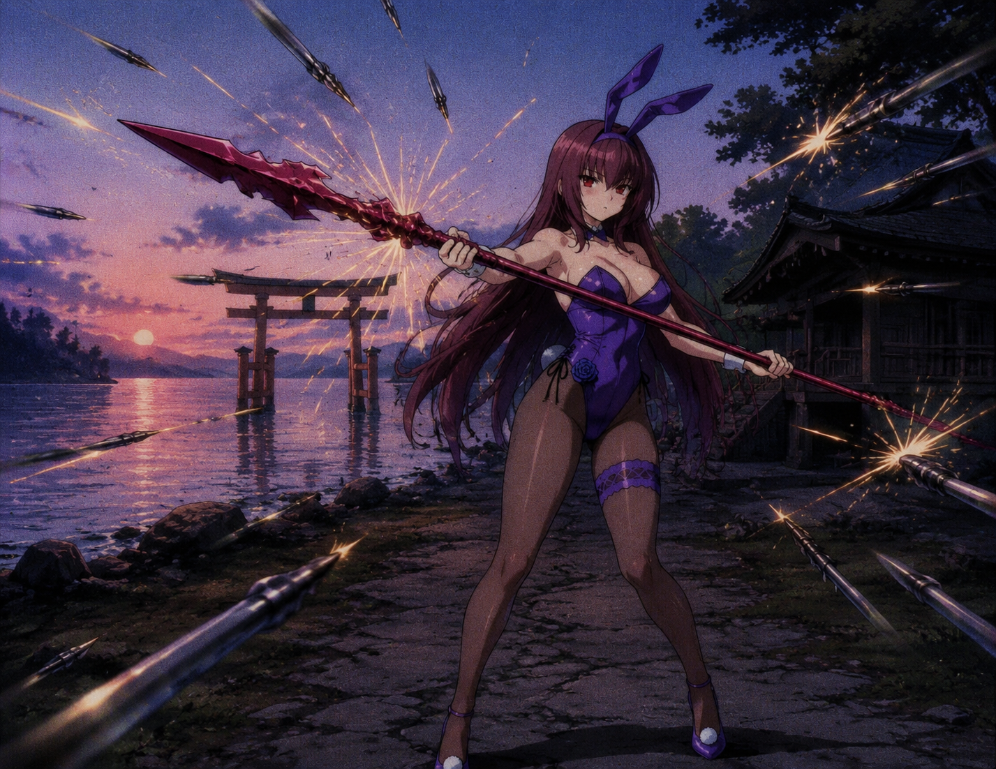 Deflecting a barrage of projectiles with her lance At a quiet lakeside shrine at dawn (retro 90s OVA aesthetic, grainy texture)