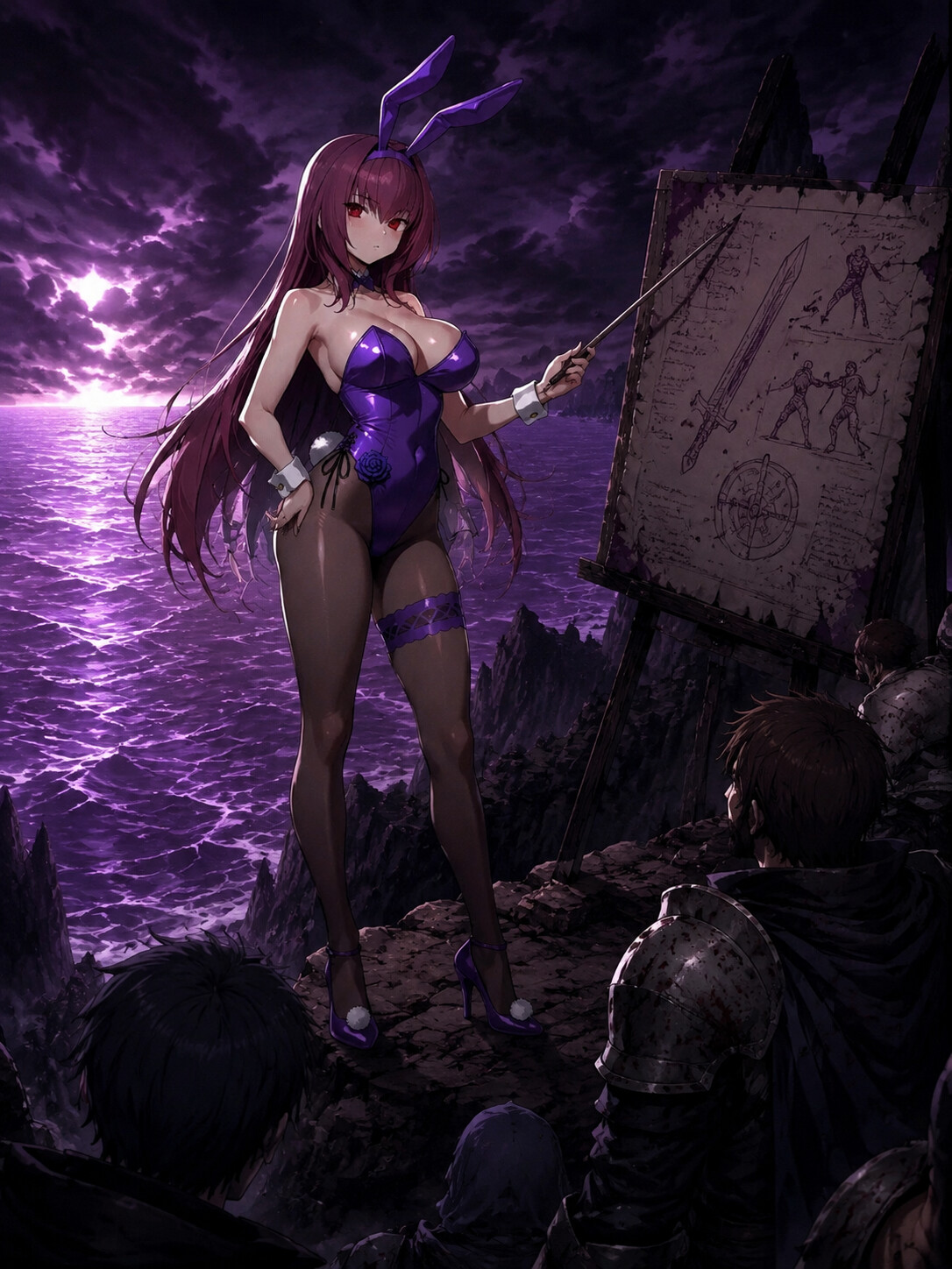 Delivering a stern lecture on combat philosophy on a jagged cliffside overlooking an endless purple sea (dark fantasy concept art)