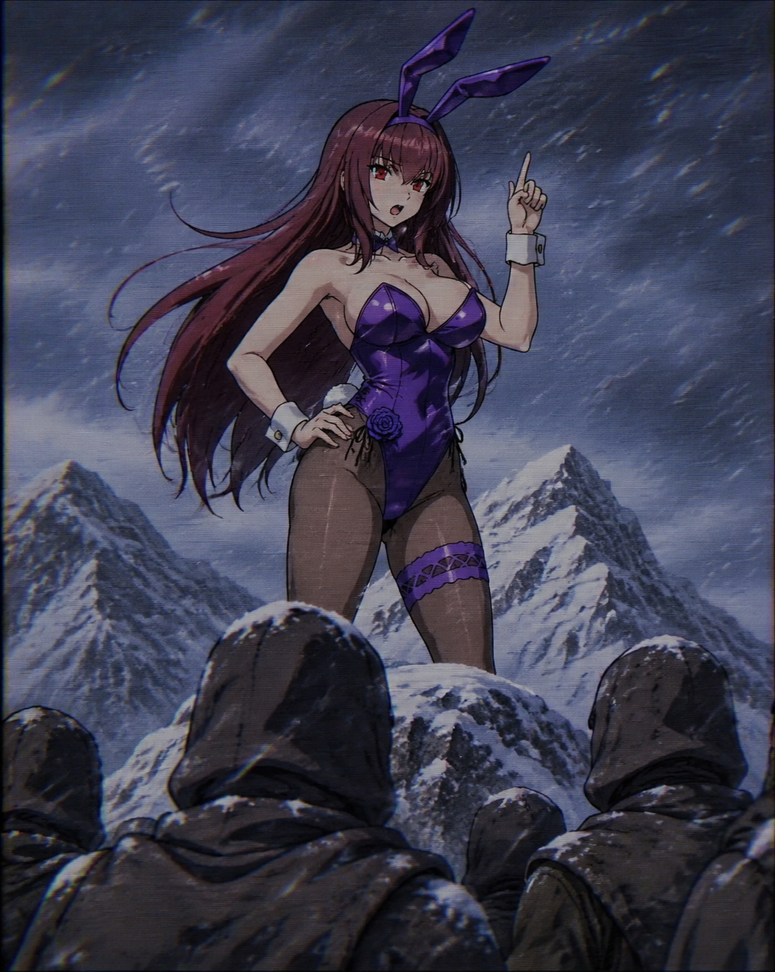 Delivering a stern lecture on combat philosophy On a snowy mountain peak during a blizzard (retro 90s OVA aesthetic, grainy texture)