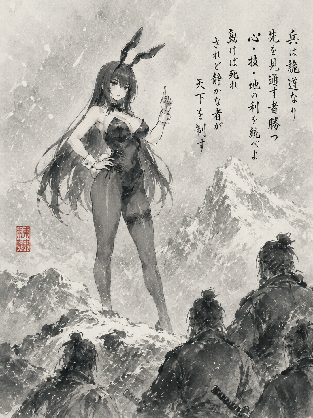 Delivering a stern lecture on combat philosophy On a snowy mountain peak during a blizzard (traditional Japanese ink wash painting, minimalist)