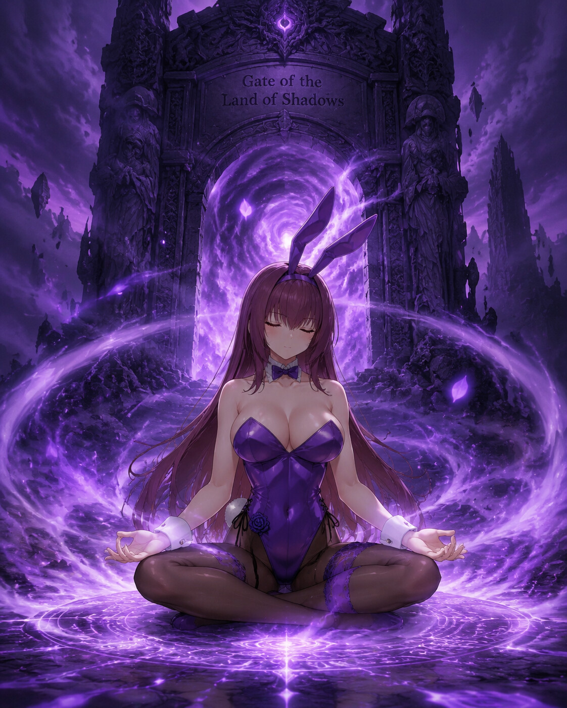 Meditating silently amidst a swirling vortex of mana at the desolate Gate of the Land of Shadows (ethereal digital painting)