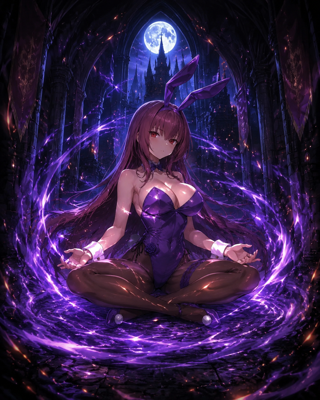 Meditating silently amidst a swirling vortex of mana In a moonlit castle hallway filled with floating embers (dark fantasy concept art, high contrast)